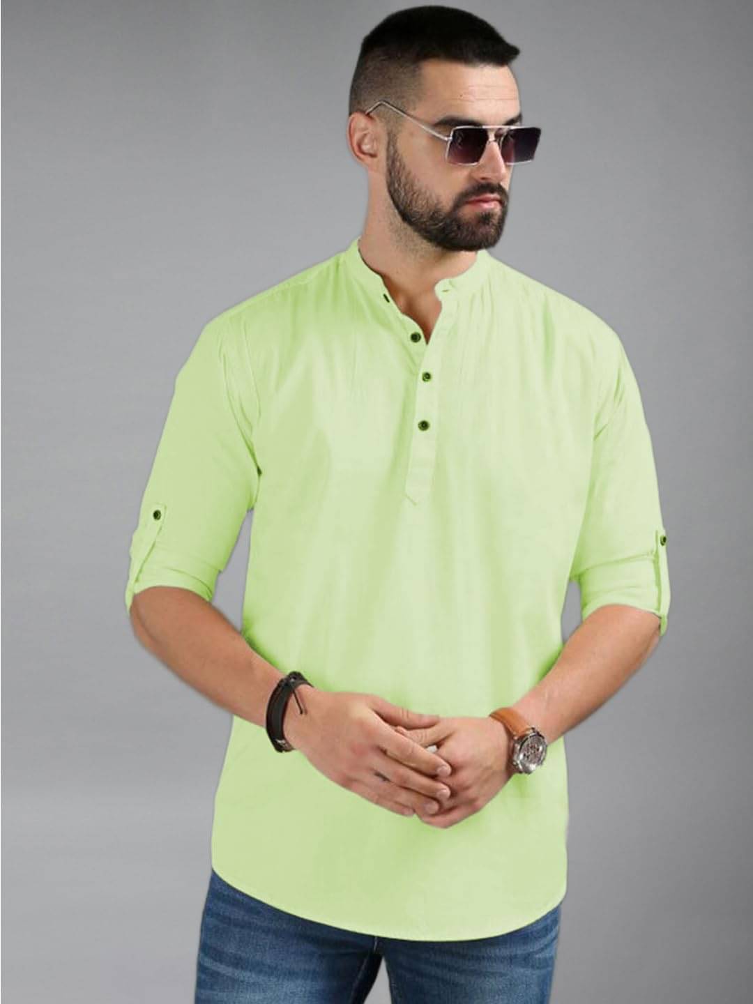     			BHUVIKOO Sea Green Cotton Blend Men's Shirt Style Kurta ( Pack of 1 )