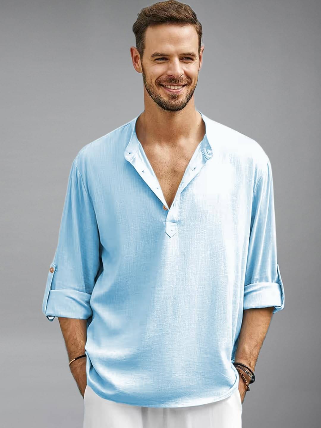    			BHUVIKOO Sky Blue Cotton Blend Men's Shirt Style Kurta ( Pack of 1 )