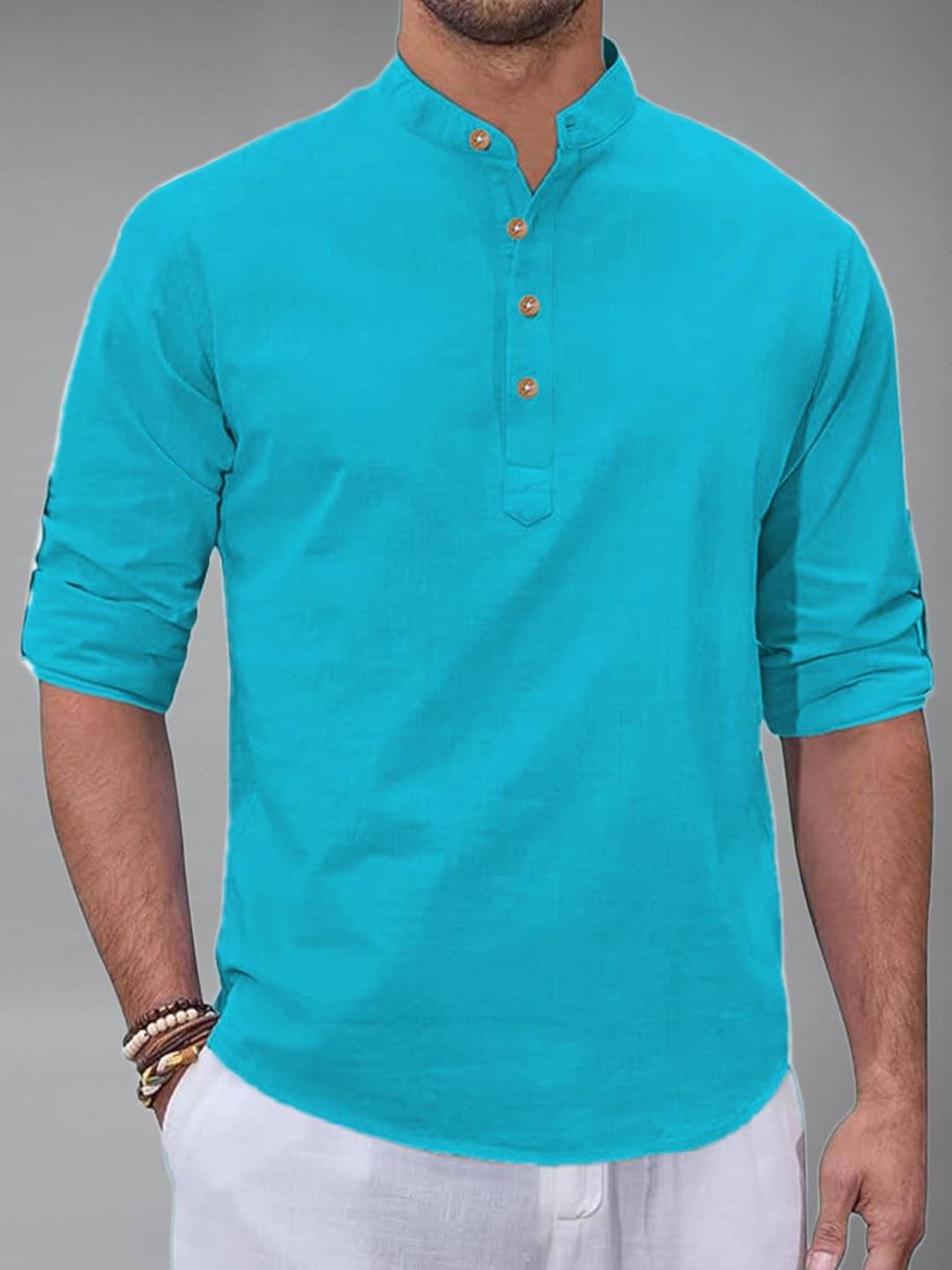     			BHUVIKOO Turquoise Cotton Blend Men's Shirt Style Kurta ( Pack of 1 )