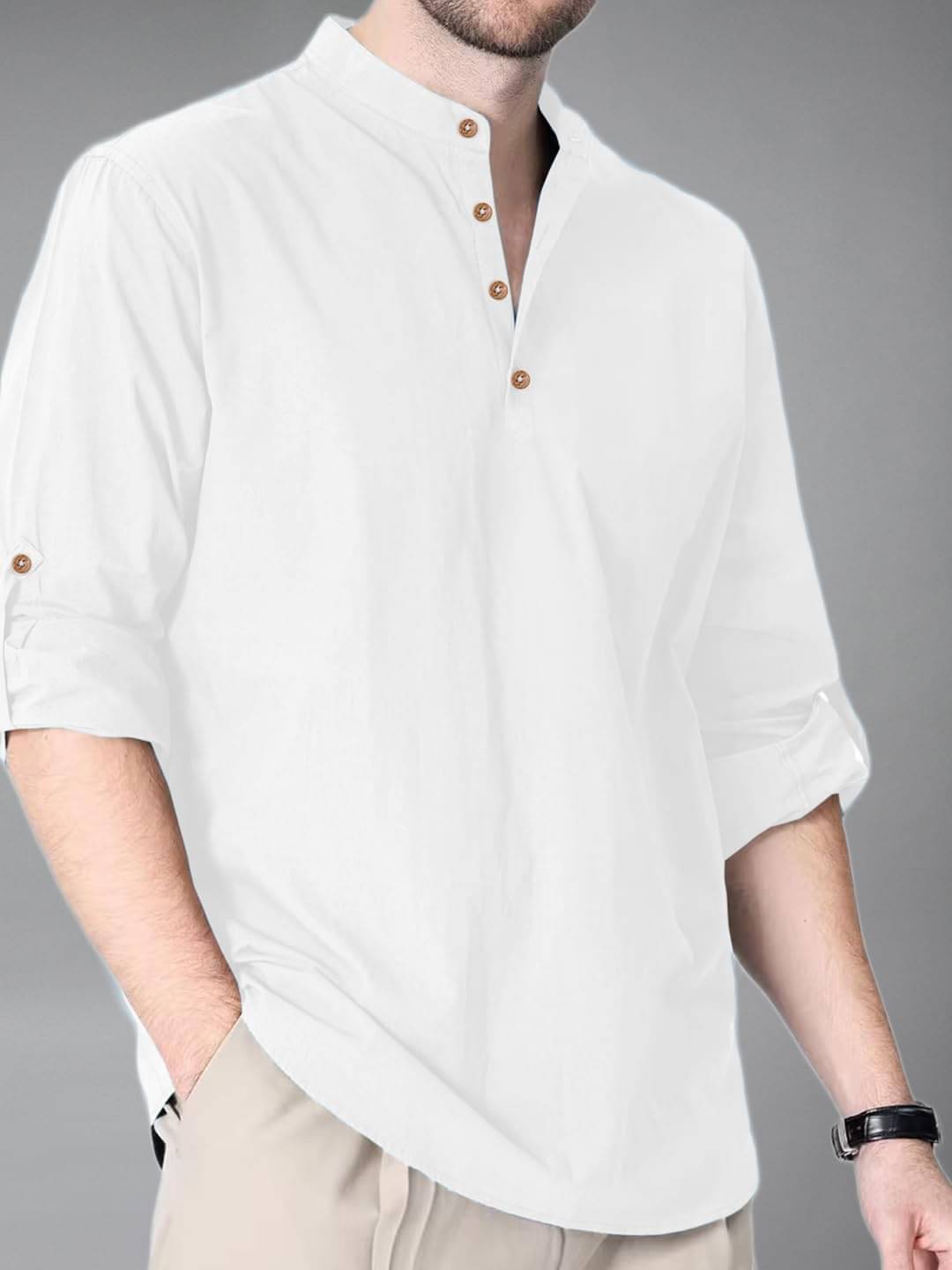     			BHUVIKOO White Cotton Blend Men's Shirt Style Kurta ( Pack of 1 )