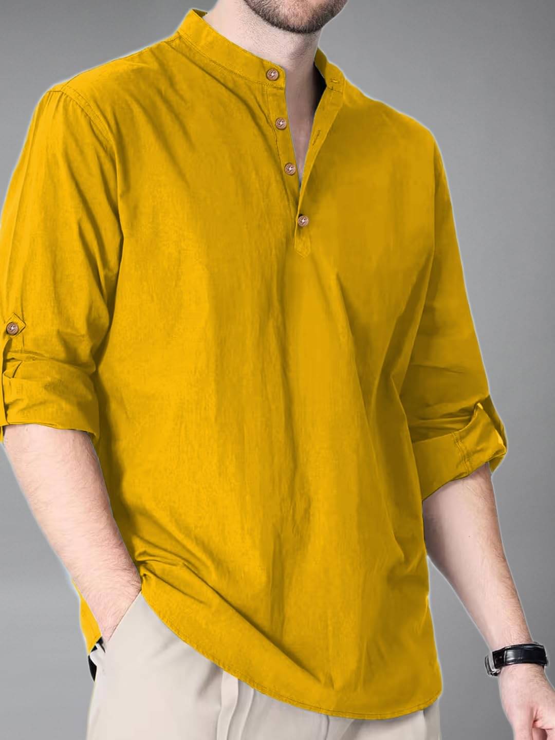     			BHUVIKOO Yellow Cotton Blend Men's Shirt Style Kurta ( Pack of 1 )