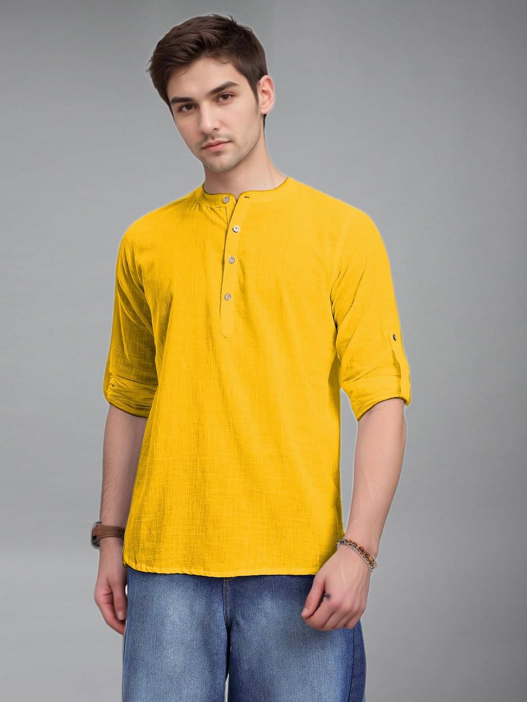     			BHUVIKOO Yellow Cotton Blend Men's Shirt Style Kurta ( Pack of 1 )
