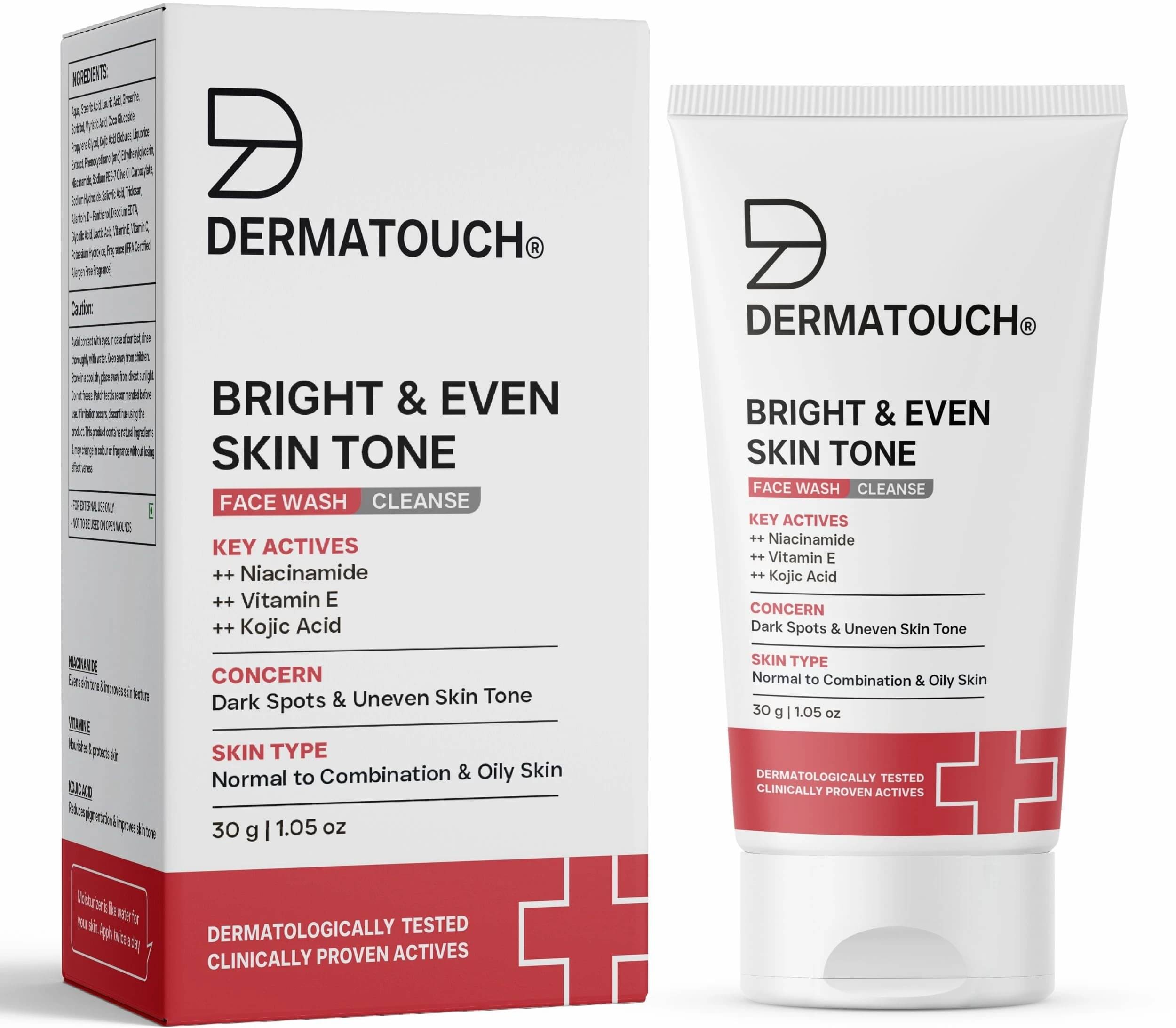 Dermatouch Bright & Even Tone Face Wash with Niacinamide, Vitamin E and Kojic Acid, 30gm Dermatouch Bright & Even Tone Face Wash with Niacinamide, Vitamin E and Kojic Acid, 30gm