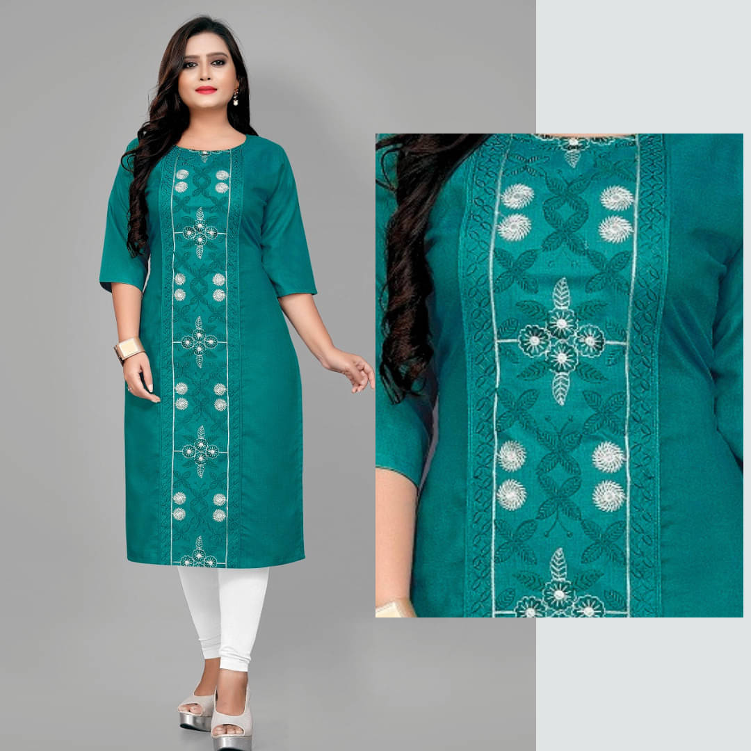 Fabriza Women Cotton Blend Embroidered A-line Kurti ( Blue )     			Fabriza Women Cotton Blend Embroidered A-line Kurti ( Blue )