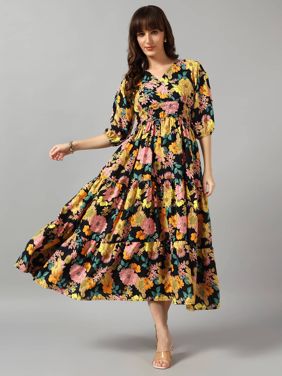     			JASH CREATION Women Crepe Printed Fit & Flare Dress ( Yellow )