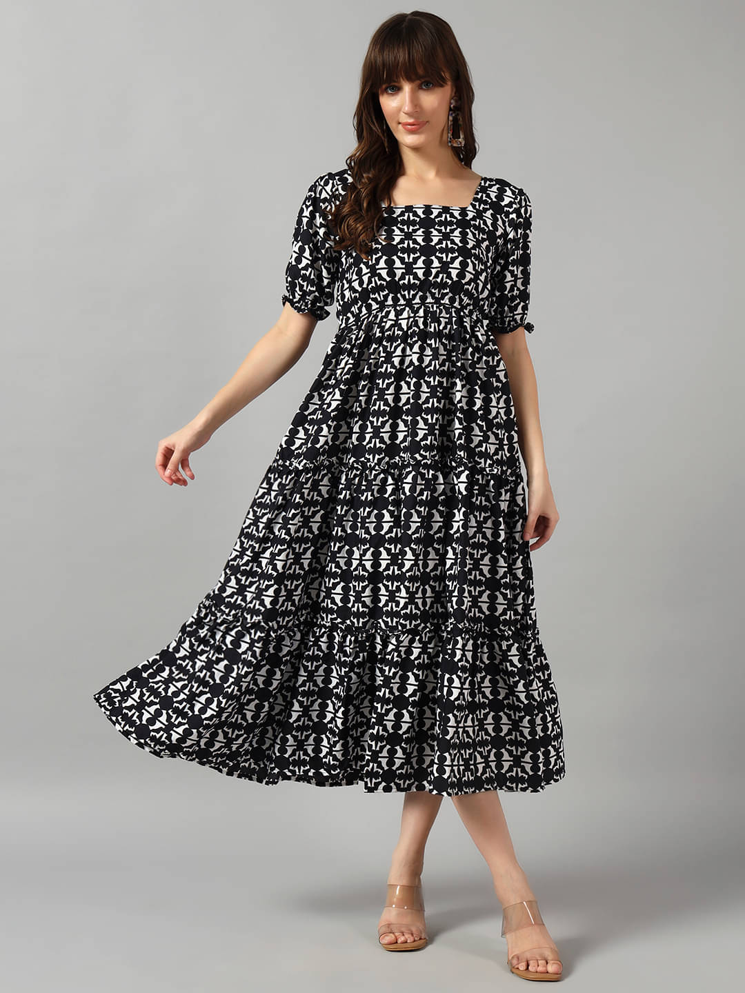 JASH CREATION Women Crepe Printed Fit & Flare Dress ( Black ) JASH CREATION Women Crepe Printed Fit & Flare Dress ( Black )