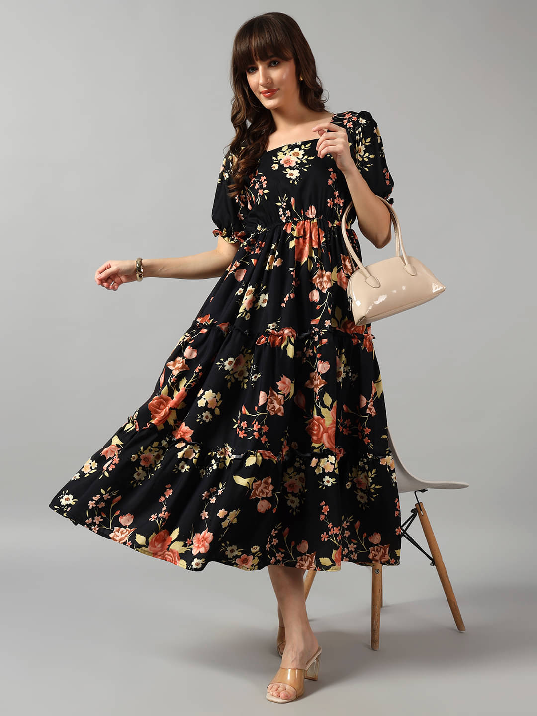     			JASH CREATION Women Crepe Printed Fit & Flare Dress ( Gold )