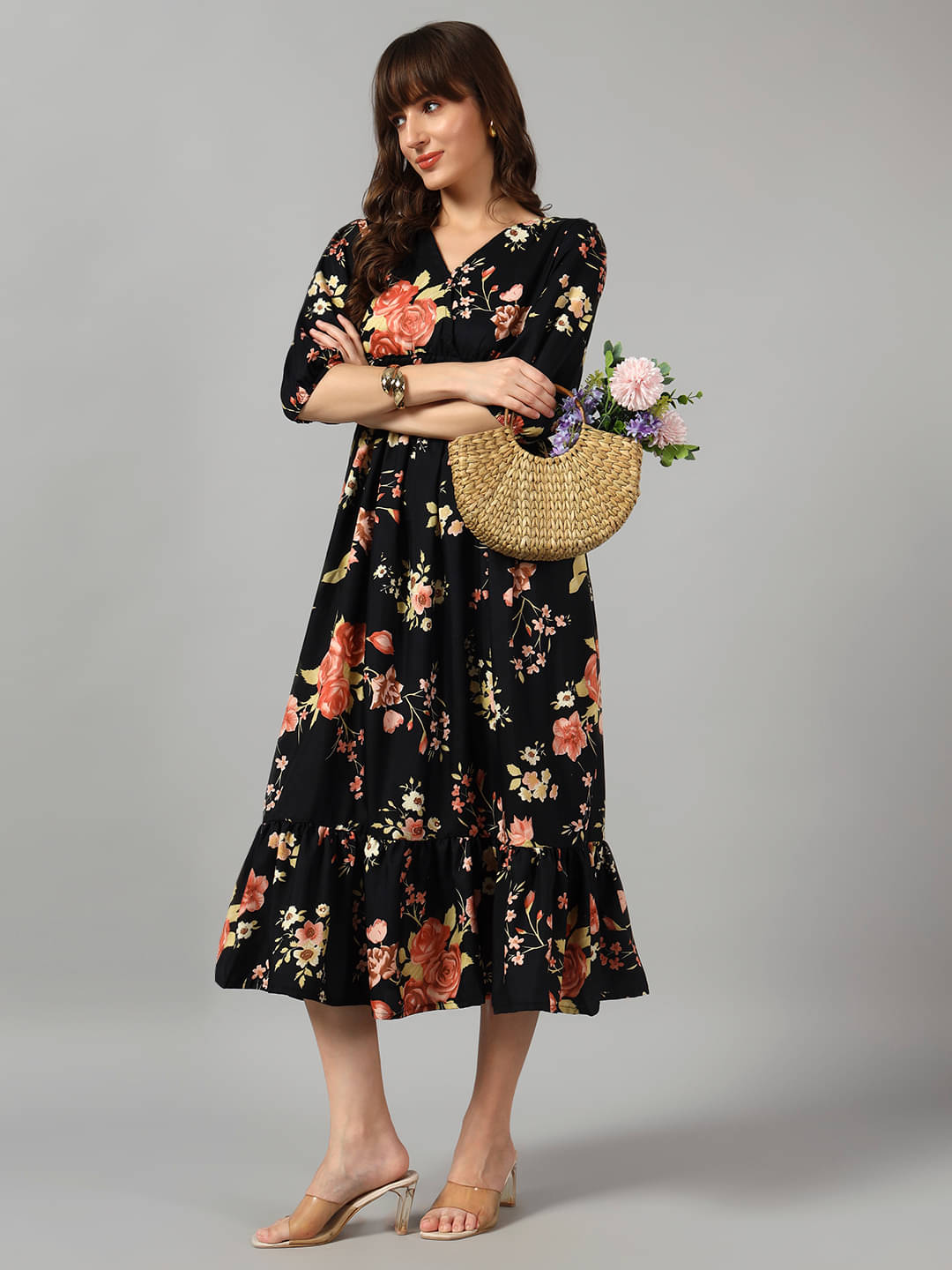     			JASH CREATION Women Crepe Printed Fit & Flare Dress ( Gold )