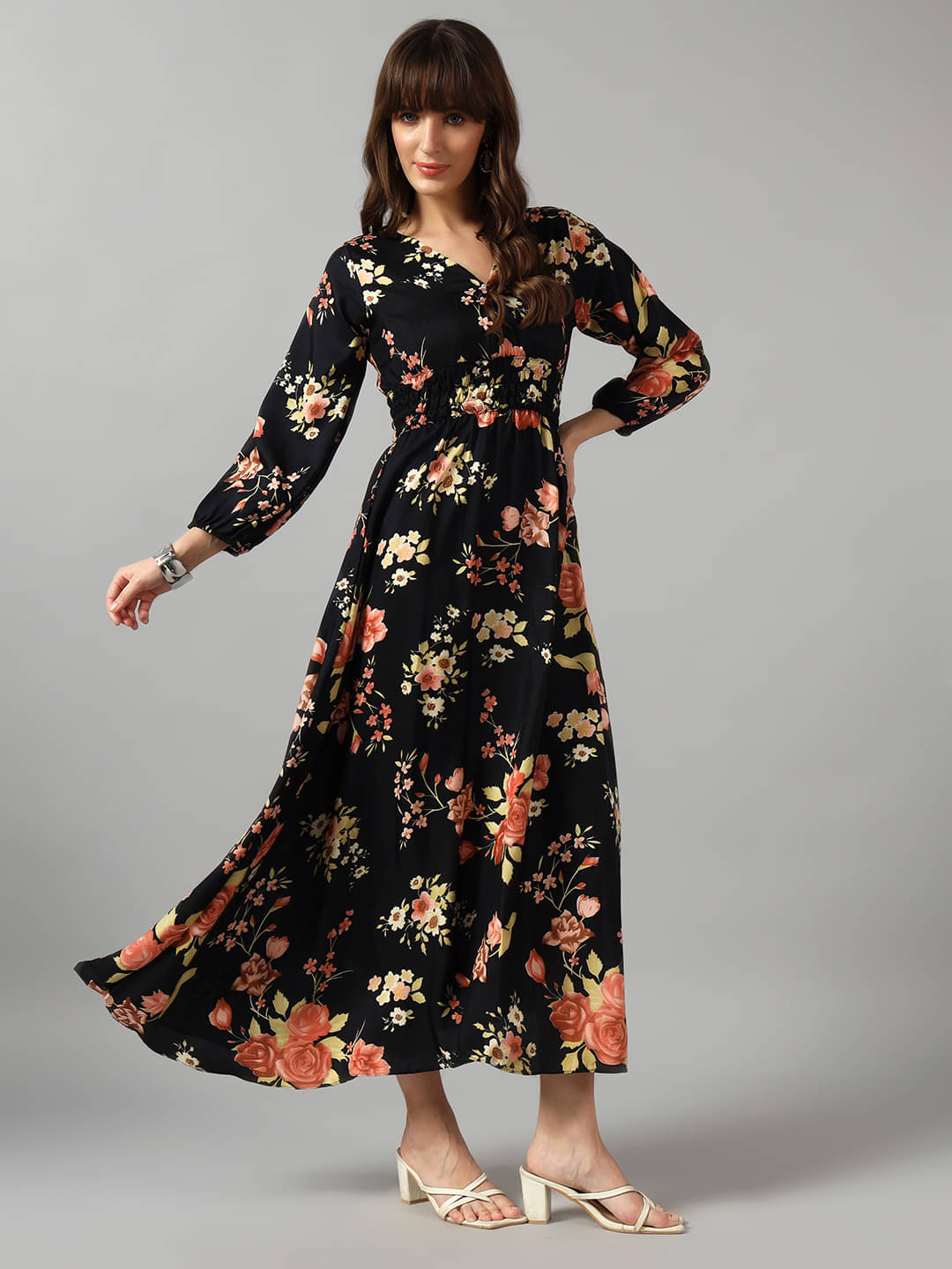 JASH CREATION Women Crepe Printed Fit & Flare Dress ( Gold ) JASH CREATION Women Crepe Printed Fit & Flare Dress ( Gold )