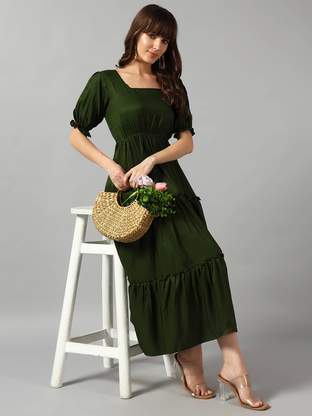 JASH CREATION Women Crepe Solid Fit & Flare Dress ( Olive ) JASH CREATION Women Crepe Solid Fit & Flare Dress ( Olive )