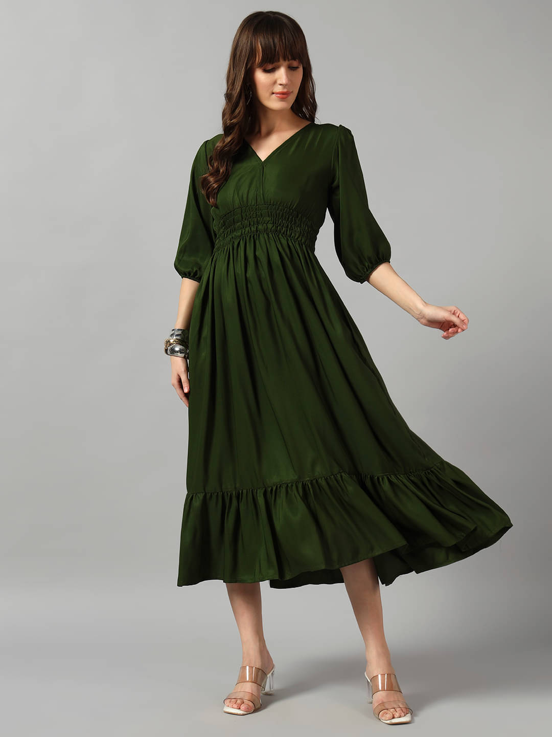     			JASH CREATION Women Crepe Solid Fit & Flare Dress ( Olive )