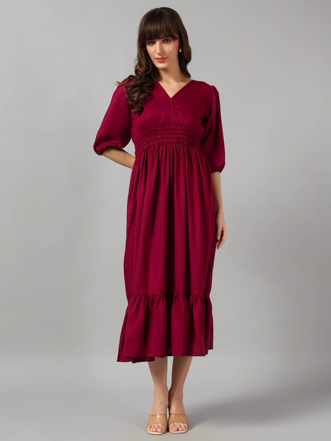 JASH CREATION Women Crepe Solid Fit & Flare Dress ( Wine ) JASH CREATION Women Crepe Solid Fit & Flare Dress ( Wine )