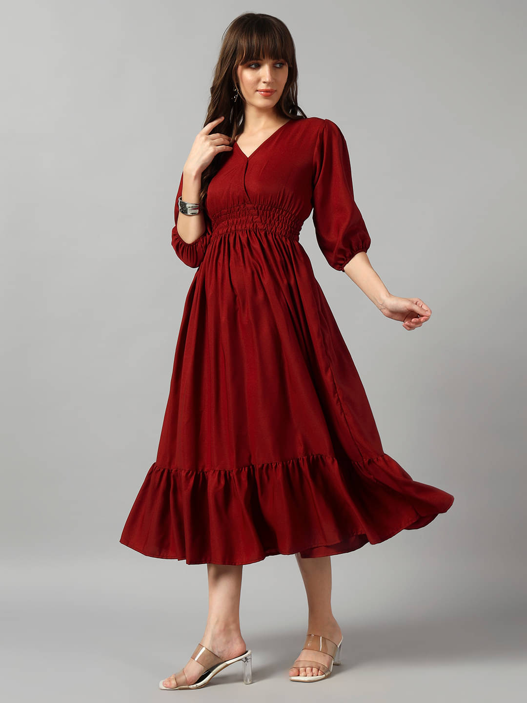 JASH CREATION Women Crepe Solid Fit & Flare Dress ( Maroon ) JASH CREATION Women Crepe Solid Fit & Flare Dress ( Maroon )