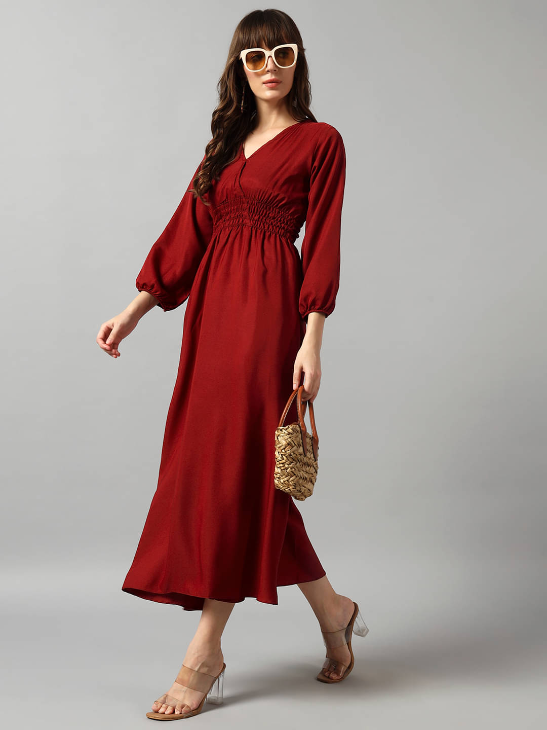     			JASH CREATION Women Crepe Solid Fit & Flare Dress ( Maroon )