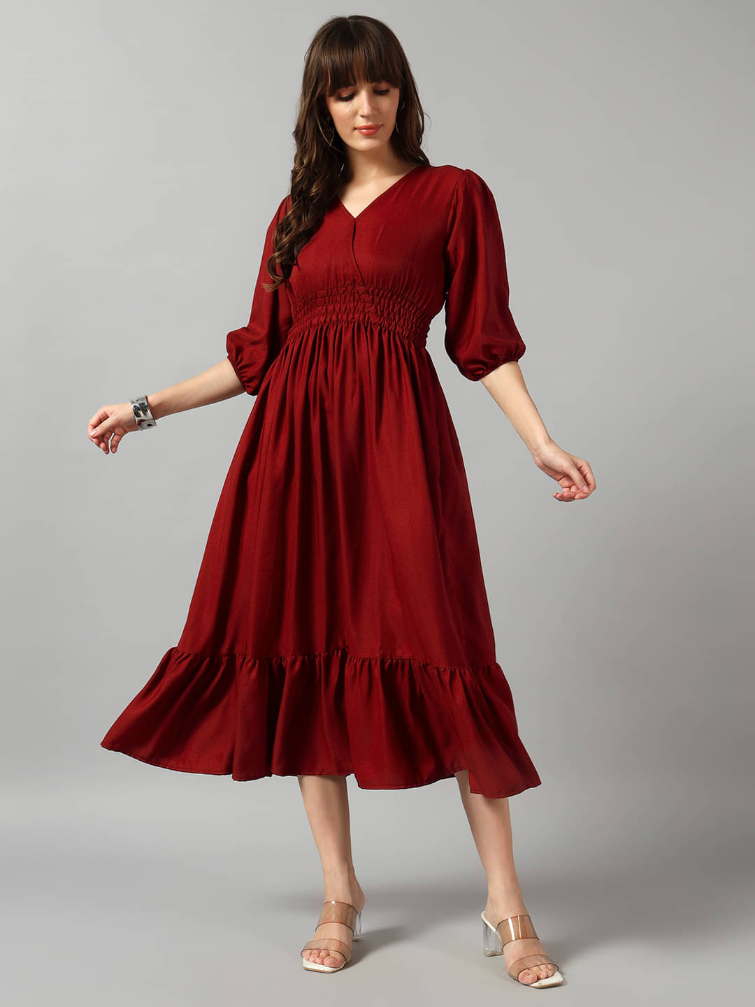 JASH CREATION Women Crepe Solid Fit & Flare Dress ( Maroon ) JASH CREATION Women Crepe Solid Fit & Flare Dress ( Maroon )