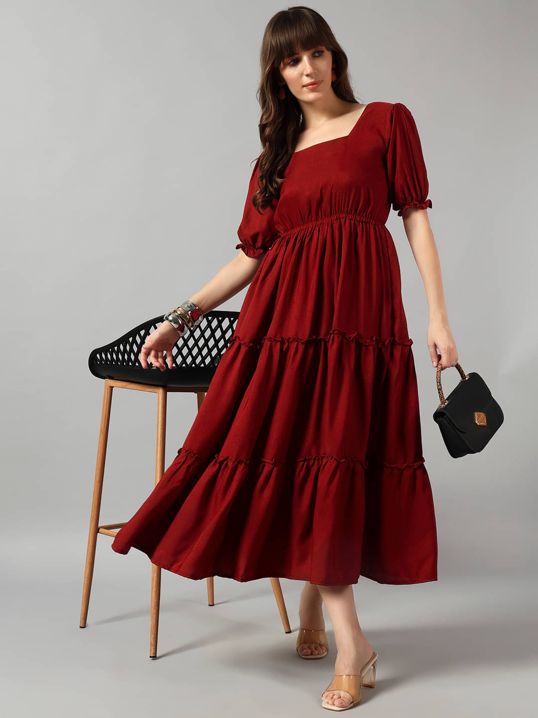     			JASH CREATION Women Crepe Solid Fit & Flare Dress ( Wine )