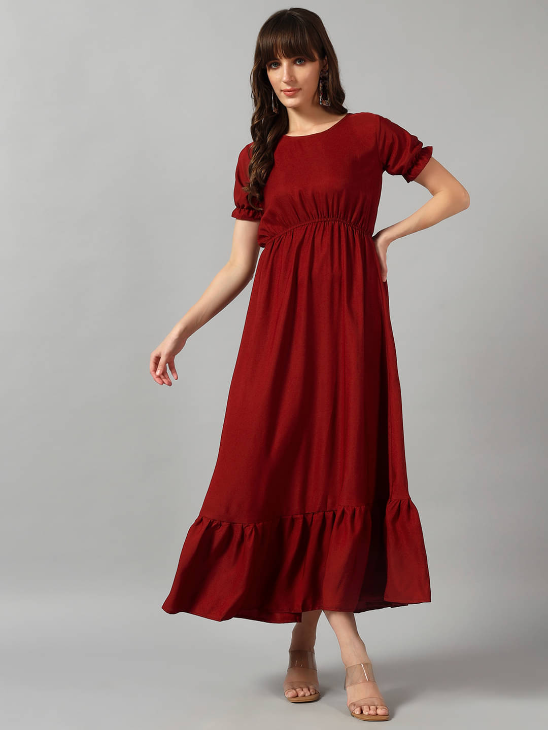 JASH CREATION Women Crepe Solid Fit & Flare Dress ( Maroon )     			JASH CREATION Women Crepe Solid Fit & Flare Dress ( Maroon )