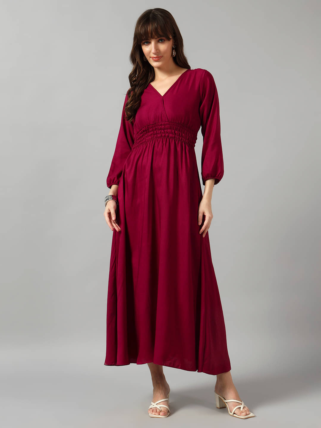 JASH CREATION Women Crepe Solid Fit & Flare Dress ( Wine ) JASH CREATION Women Crepe Solid Fit & Flare Dress ( Wine )