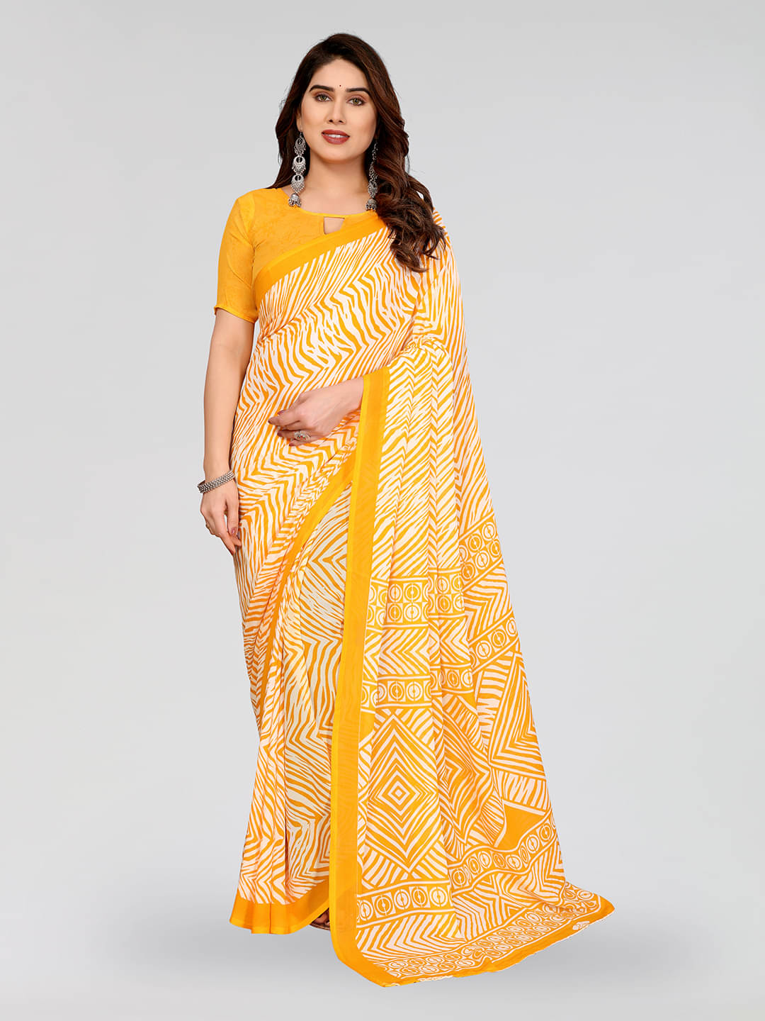Kashvi Sarees Georgette Printed Kasavu Saree With Unstitched Blouse Piece ( YELLOW ) Kashvi Sarees Georgette Printed Kasavu Saree With Unstitched Blouse Piece ( YELLOW )