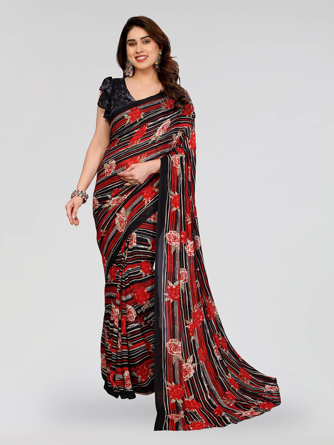     			Kashvi Sarees Georgette Printed Kasavu Saree With Unstitched Blouse Piece ( BLACK )