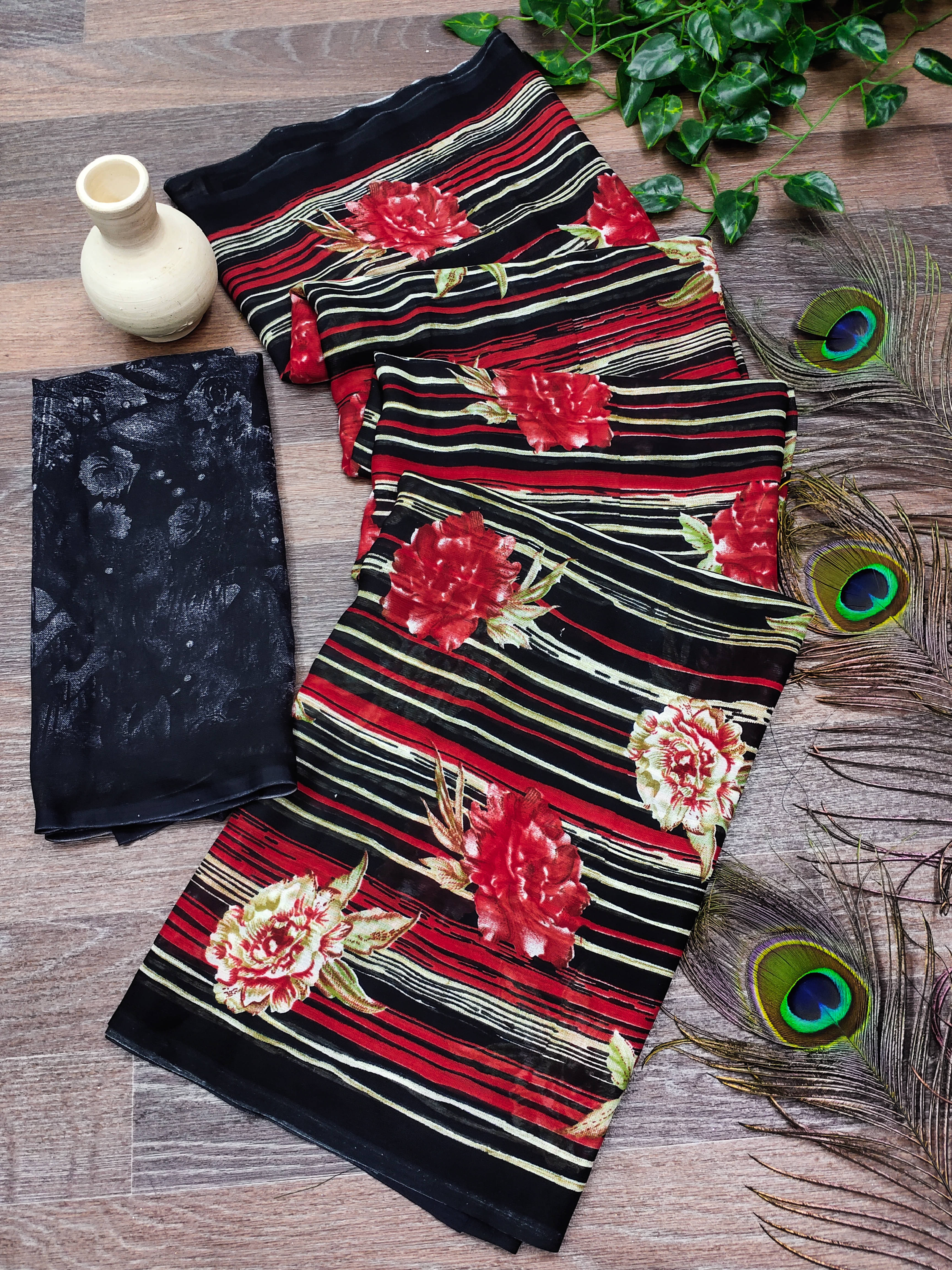     			Kashvi Sarees Georgette Printed Kasavu Saree With Unstitched Blouse Piece ( BLACK )