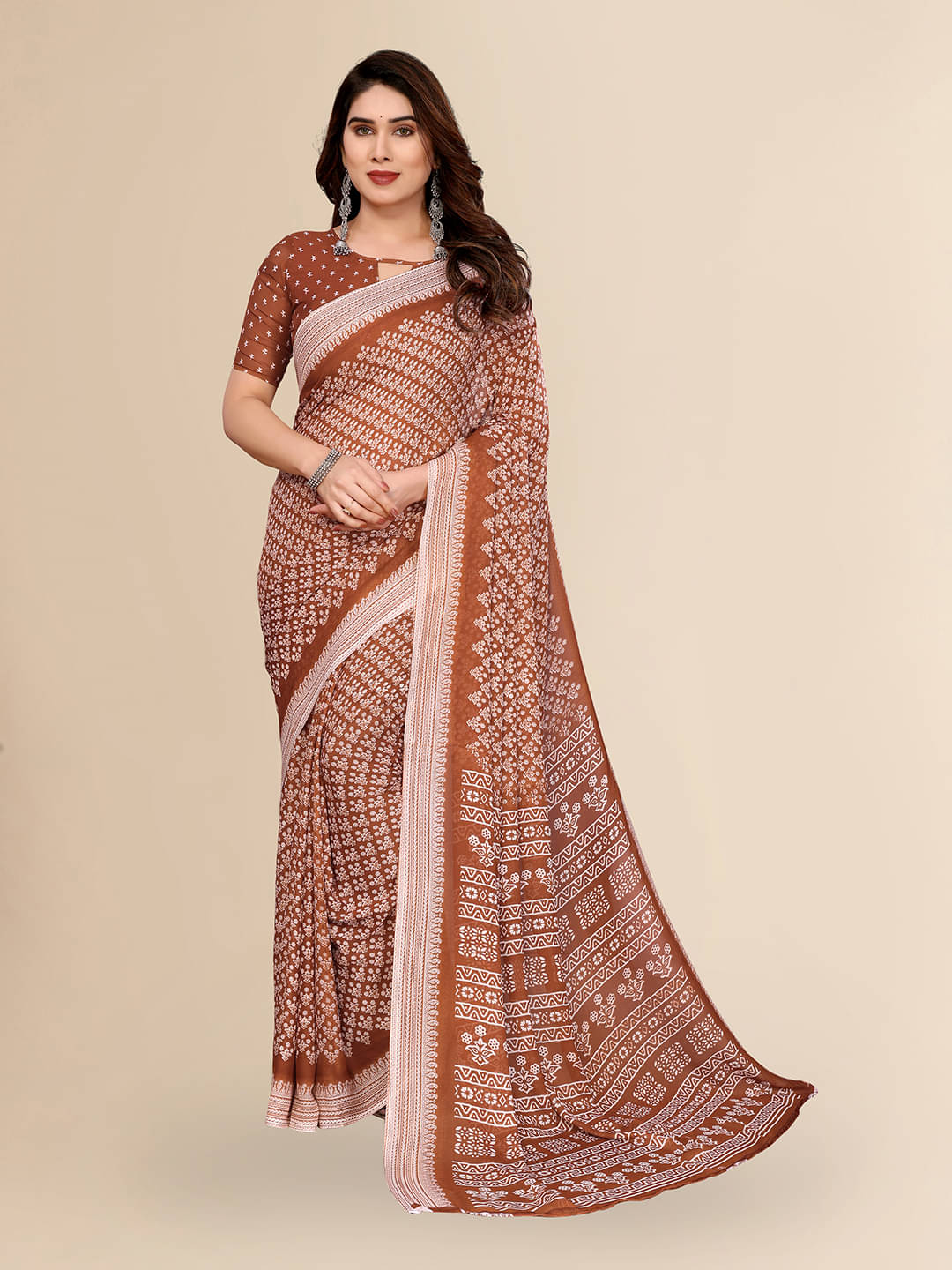 Kashvi Sarees Georgette Printed Kasavu Saree With Unstitched Blouse Piece ( BROWN )     			Kashvi Sarees Georgette Printed Kasavu Saree With Unstitched Blouse Piece ( BROWN )