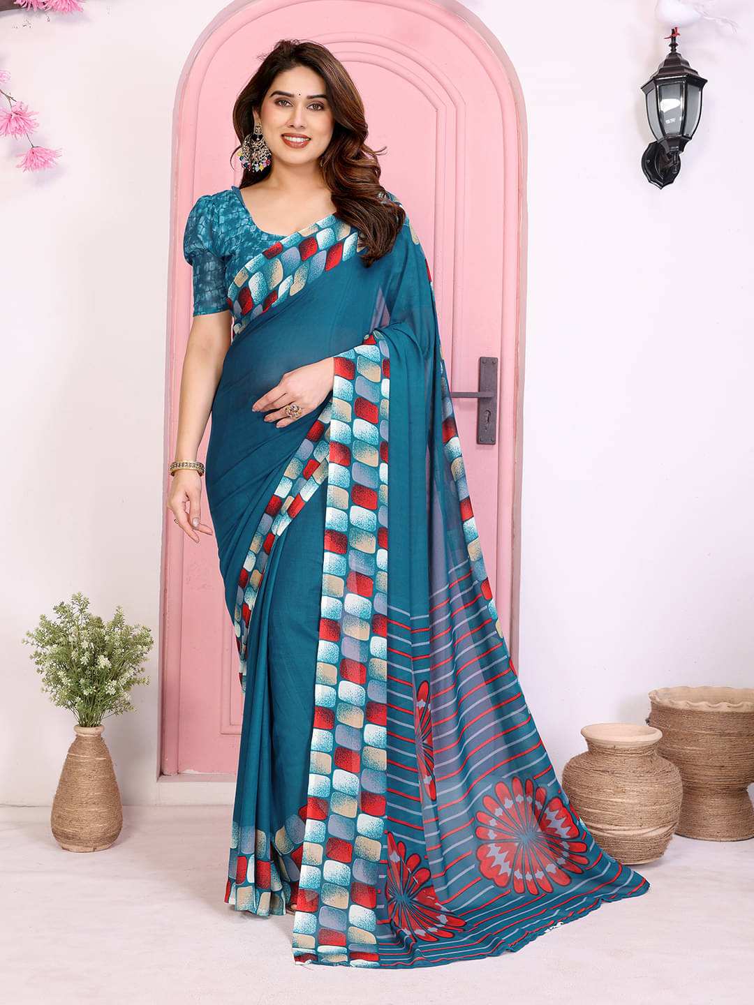     			Kashvi Sarees Georgette Printed Kasavu Saree With Unstitched Blouse Piece ( RAMA )