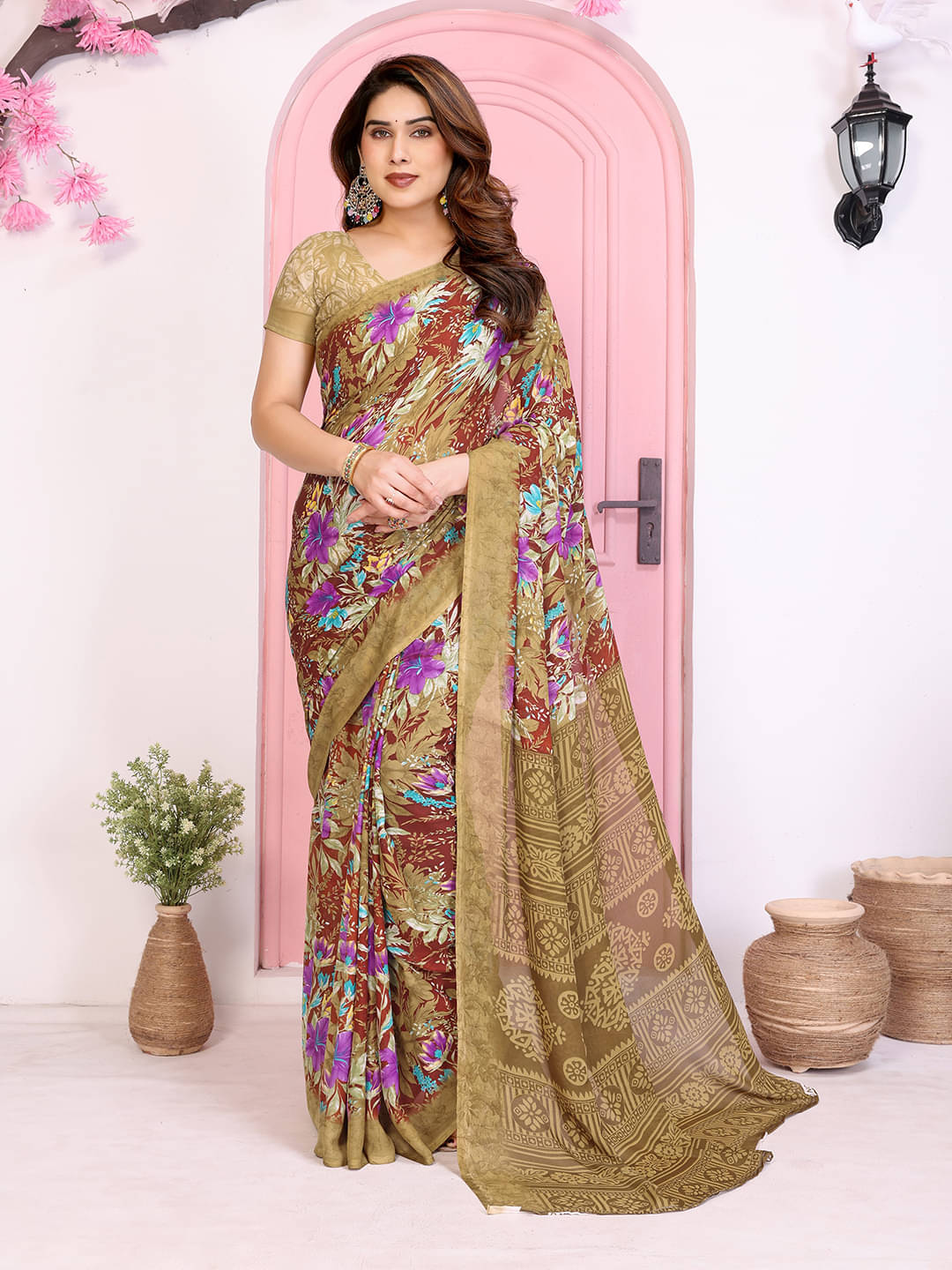 Kashvi Sarees Georgette Printed Kasavu Saree With Unstitched Blouse Piece ( BROWN ) Kashvi Sarees Georgette Printed Kasavu Saree With Unstitched Blouse Piece ( BROWN )