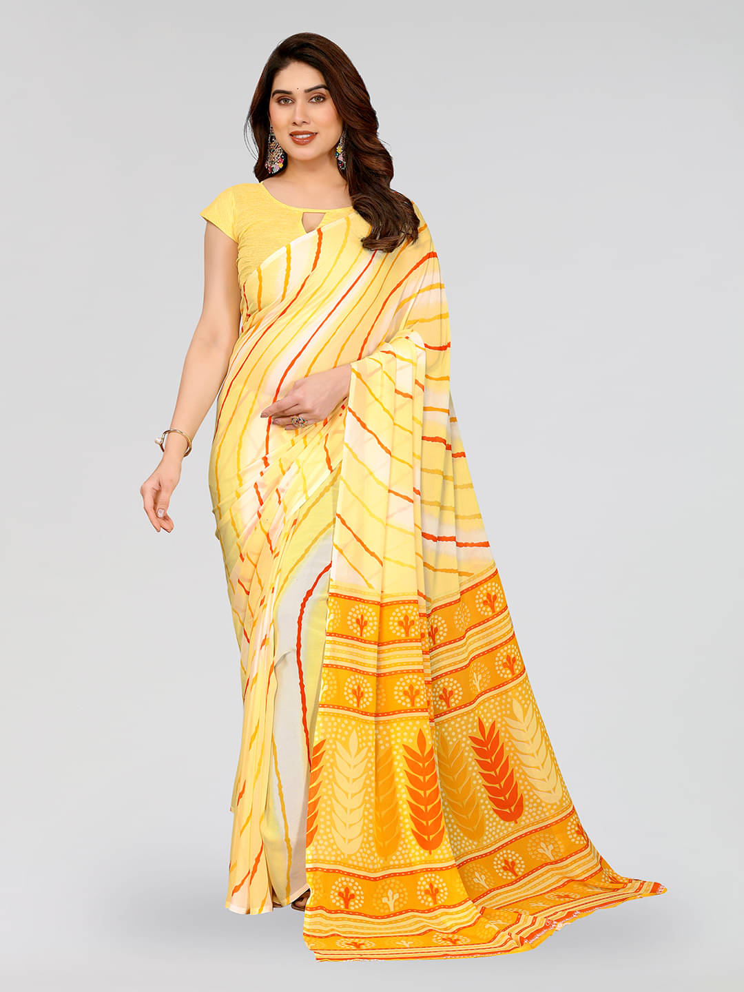     			Kashvi Sarees Georgette Printed Kasavu Saree With Unstitched Blouse Piece ( YELLOW )