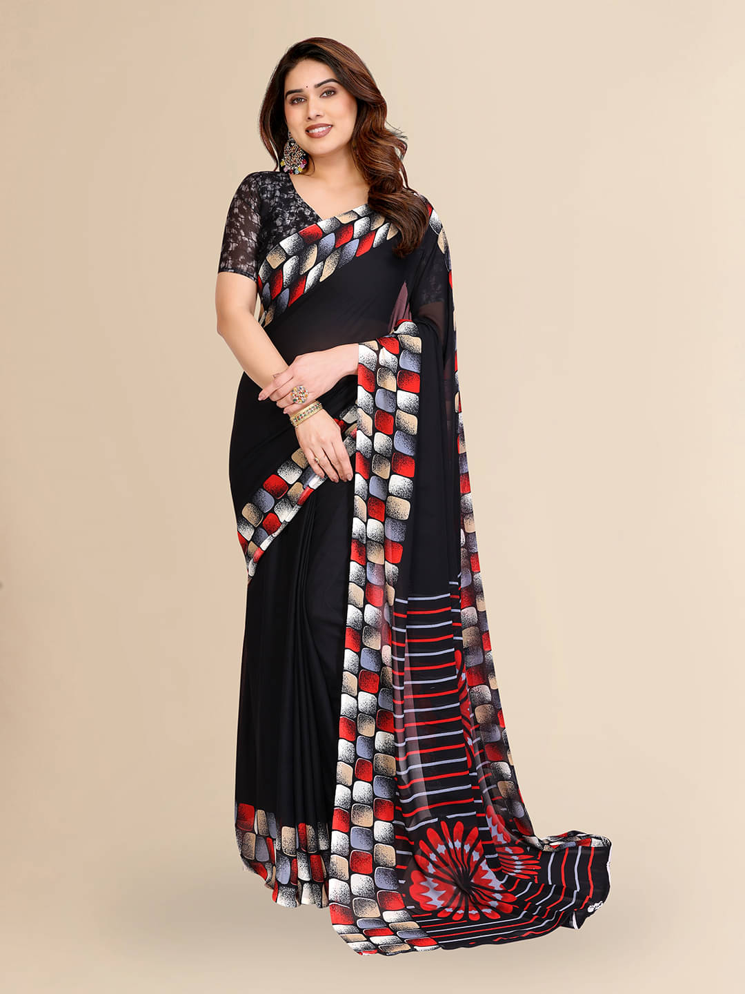     			Kashvi Sarees Georgette Printed Kasavu Saree With Unstitched Blouse Piece ( BLACK )