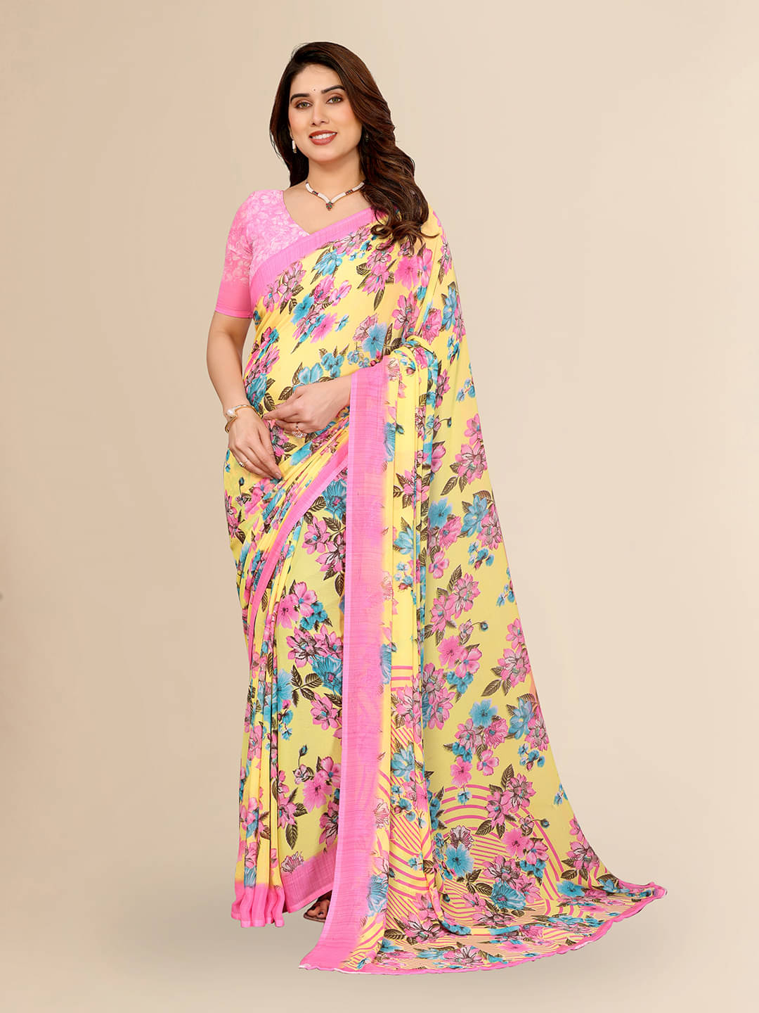     			Kashvi Sarees Georgette Printed Kasavu Saree With Unstitched Blouse Piece ( YELLOW )