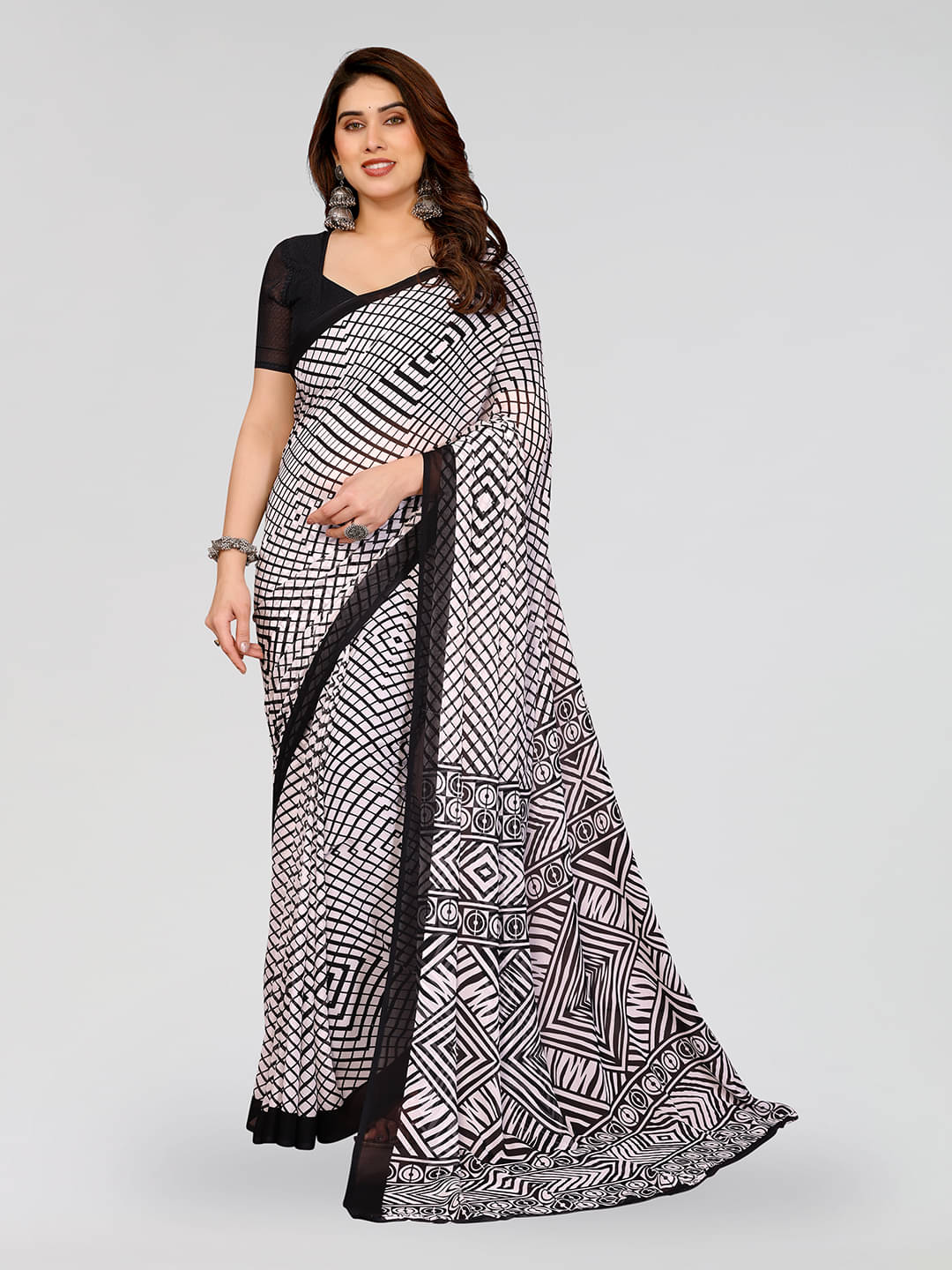     			Kashvi Sarees Georgette Printed Kasavu Saree With Unstitched Blouse Piece ( BLACK )