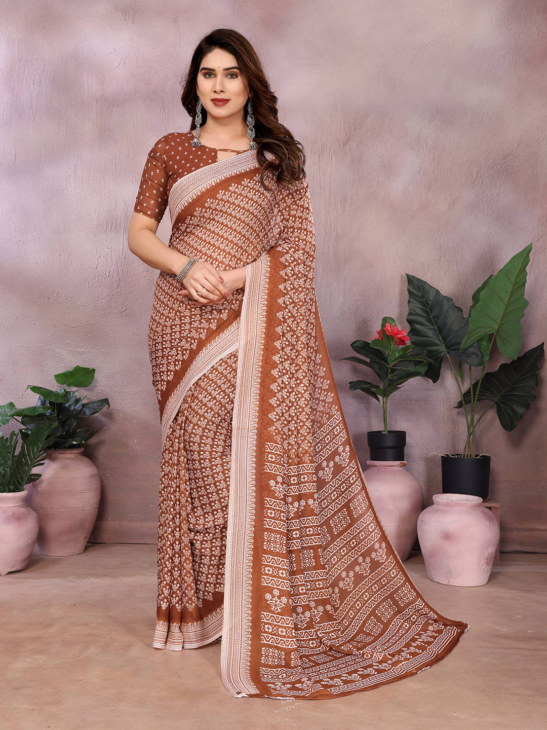    			Kashvi Sarees Georgette Printed Kasavu Saree With Unstitched Blouse Piece ( BROWN )