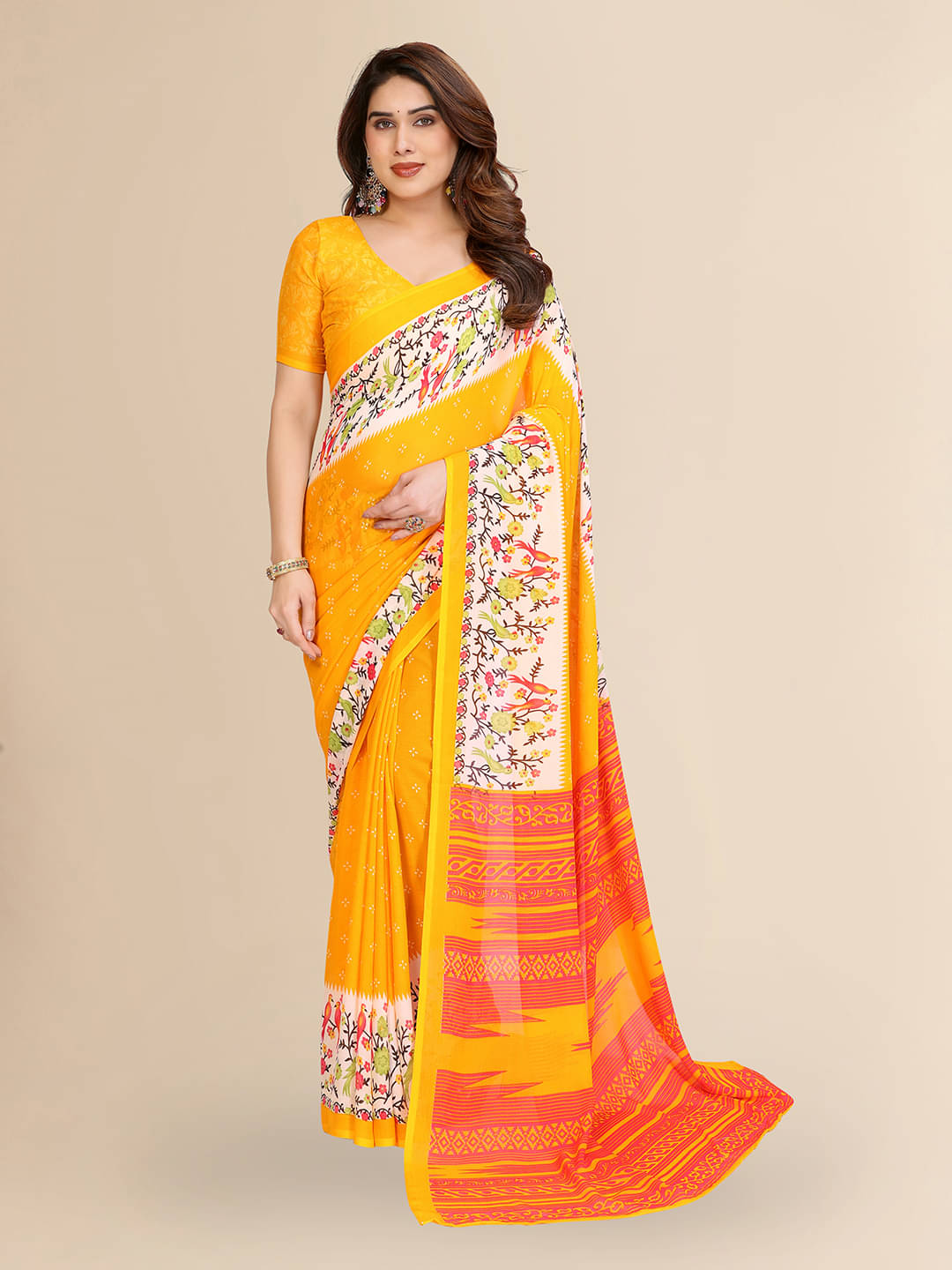Kashvi Sarees Georgette Printed Kasavu Saree With Unstitched Blouse Piece ( YELLOW ) Kashvi Sarees Georgette Printed Kasavu Saree With Unstitched Blouse Piece ( YELLOW )