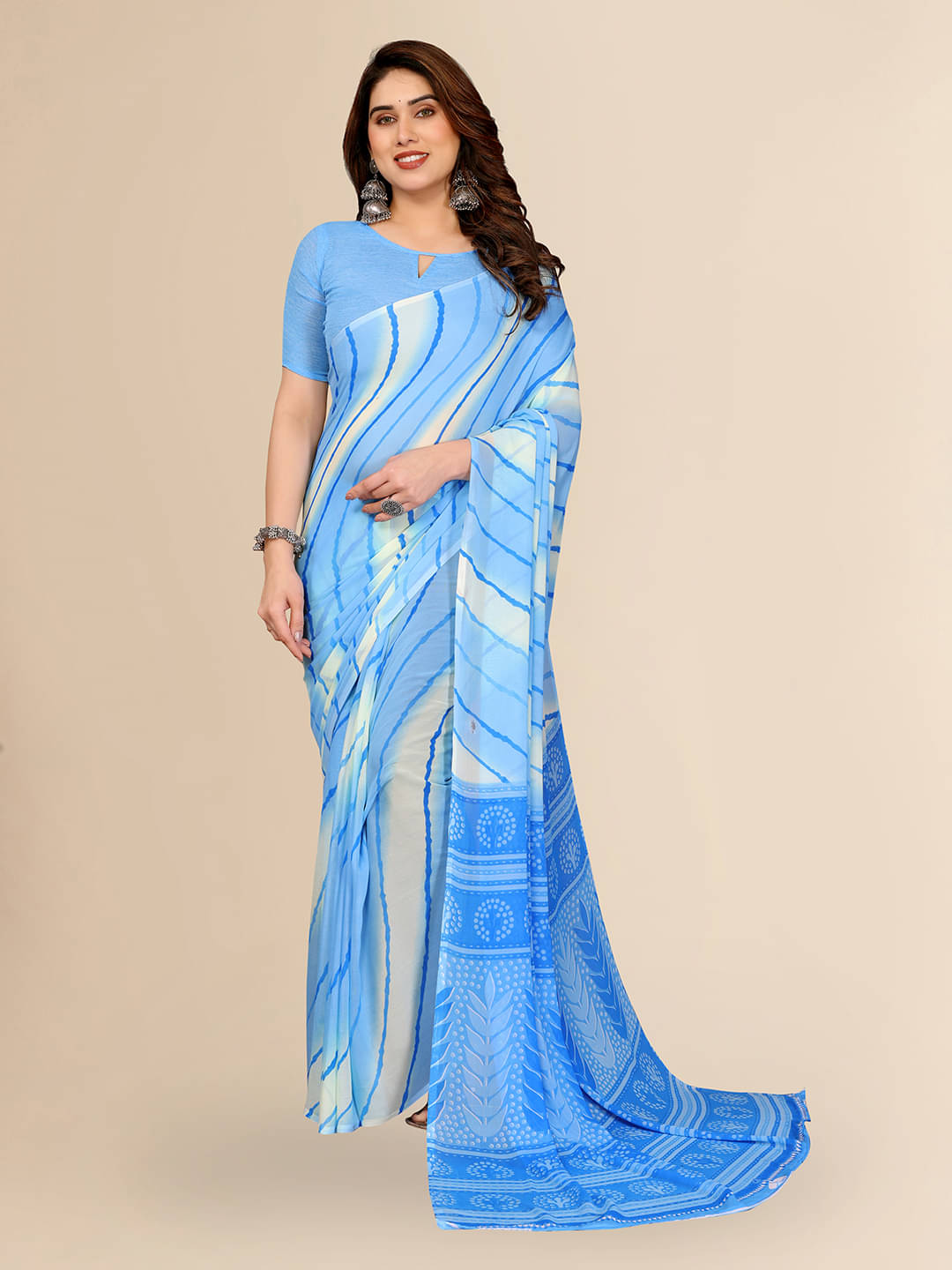     			Kashvi Sarees Georgette Printed Kasavu Saree With Unstitched Blouse Piece ( BLUE )