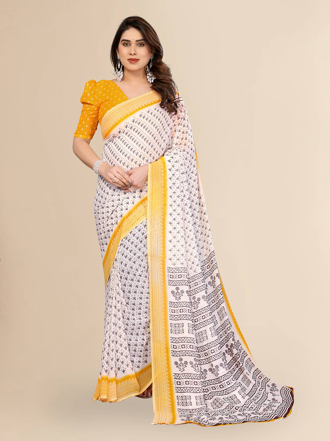 Kashvi Sarees Georgette Printed Kasavu Saree With Unstitched Blouse Piece ( YELLOW ) Kashvi Sarees Georgette Printed Kasavu Saree With Unstitched Blouse Piece ( YELLOW )