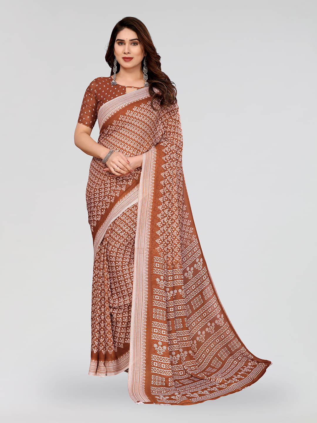     			Kashvi Sarees Georgette Printed Kasavu Saree With Unstitched Blouse Piece ( BROWN )