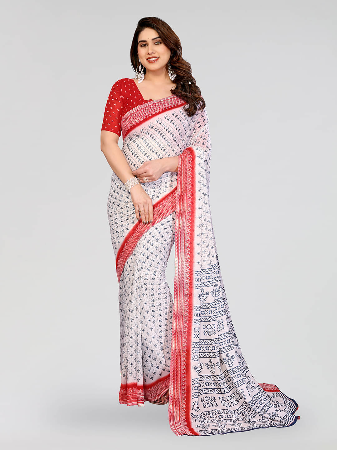     			Kashvi Sarees Georgette Printed Kasavu Saree With Unstitched Blouse Piece ( RED )