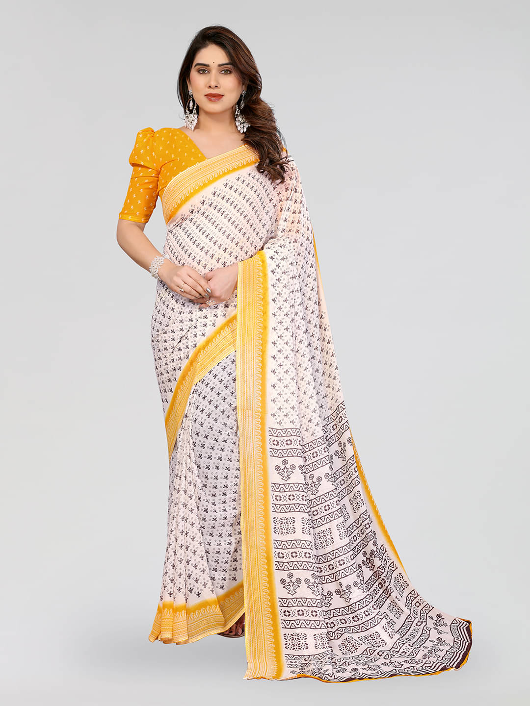     			Kashvi Sarees Georgette Printed Kasavu Saree With Unstitched Blouse Piece ( YELLOW )