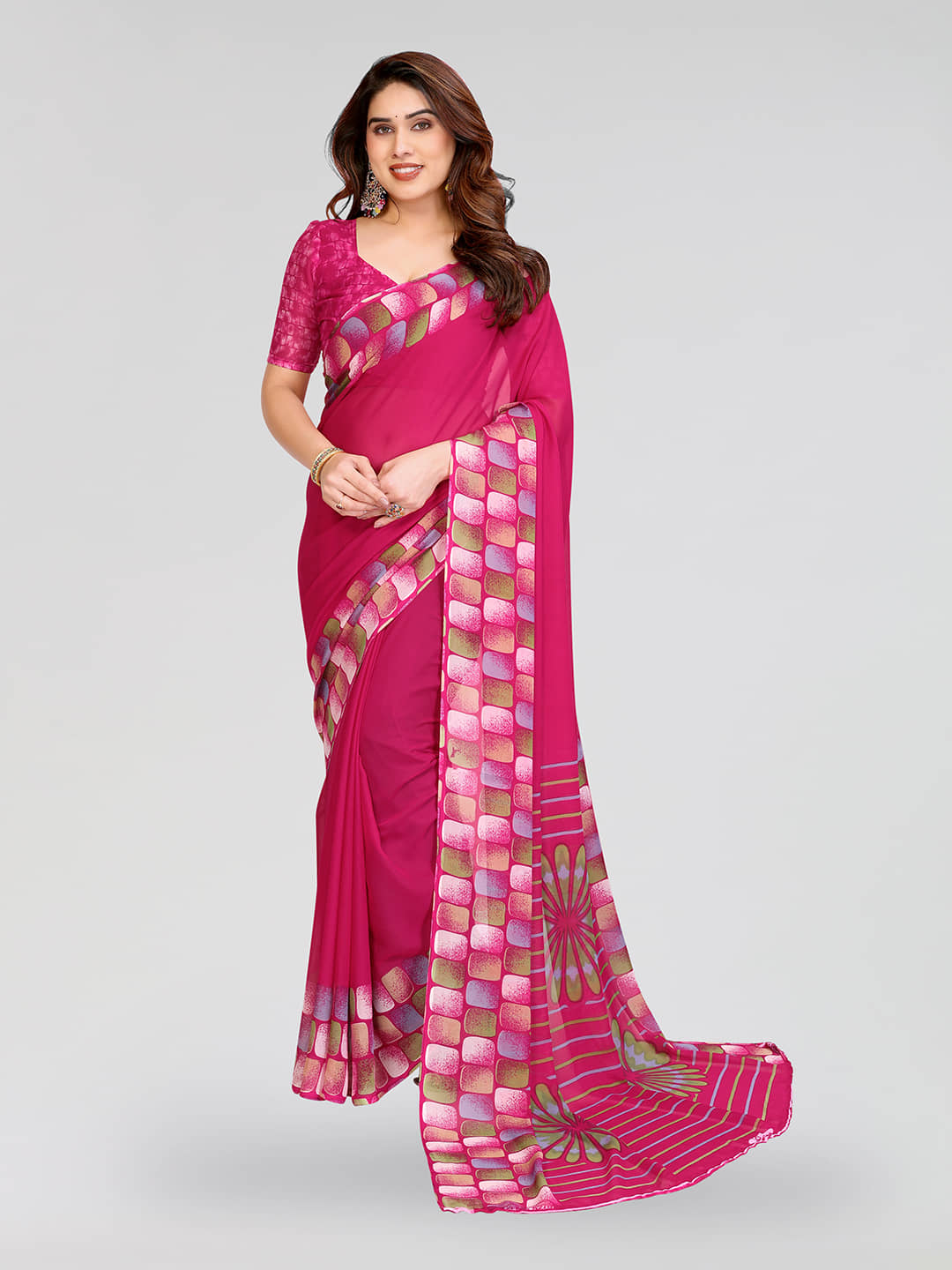 Kashvi Sarees Georgette Printed Kasavu Saree With Unstitched Blouse Piece ( PINK ) - Sarees | Buy online on ZillyBuy