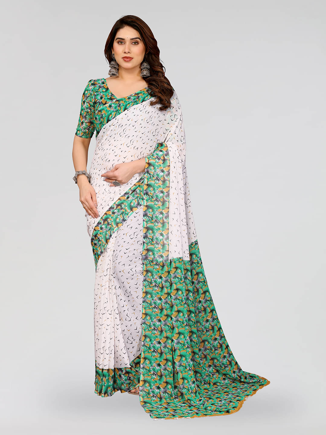 Kashvi Sarees Georgette Printed Kasavu Saree With Unstitched Blouse Piece ( GREEN ) Kashvi Sarees Georgette Printed Kasavu Saree With Unstitched Blouse Piece ( GREEN )