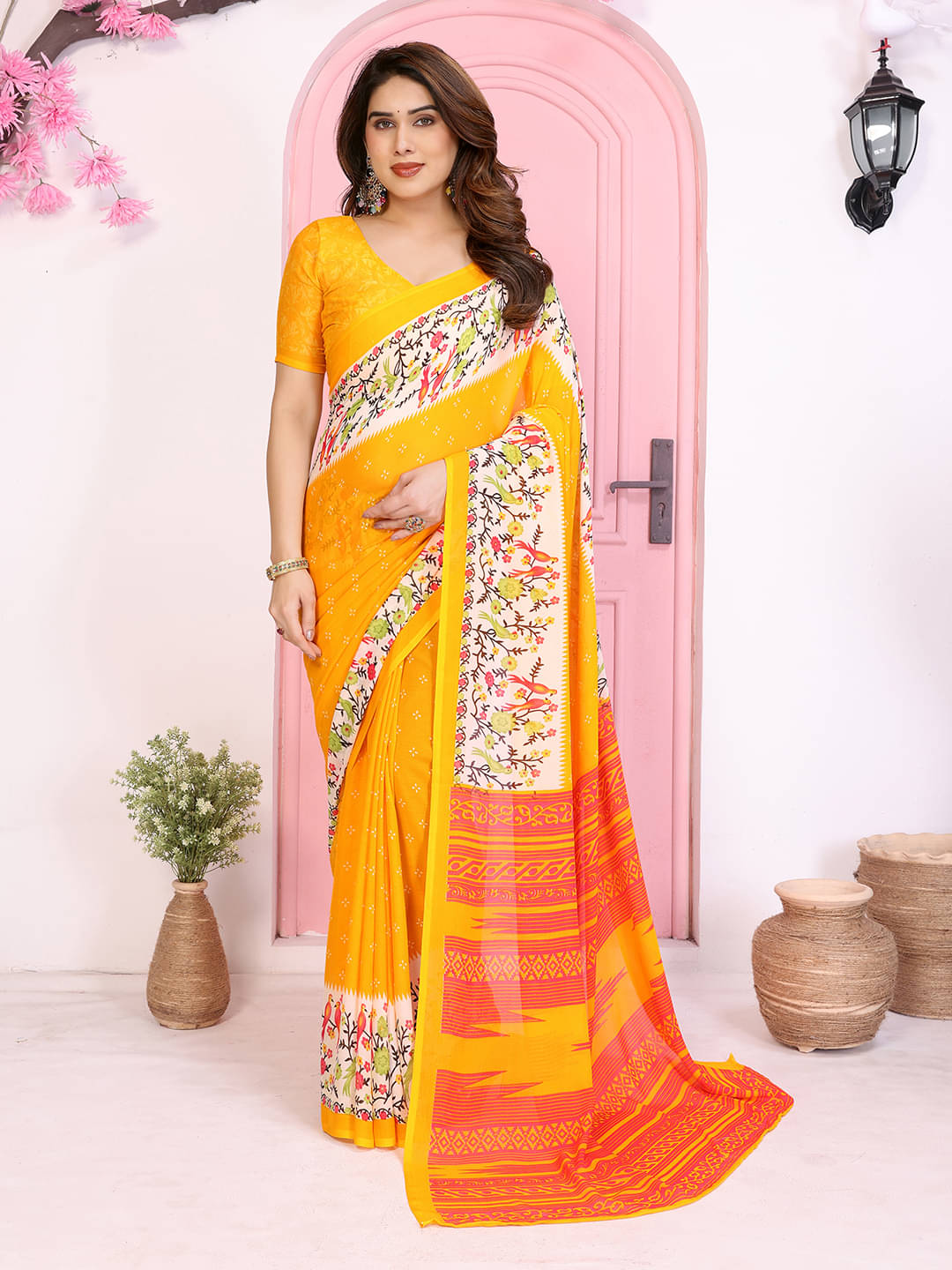 Kashvi Sarees Georgette Printed Kasavu Saree With Unstitched Blouse Piece ( YELLOW ) Kashvi Sarees Georgette Printed Kasavu Saree With Unstitched Blouse Piece ( YELLOW )