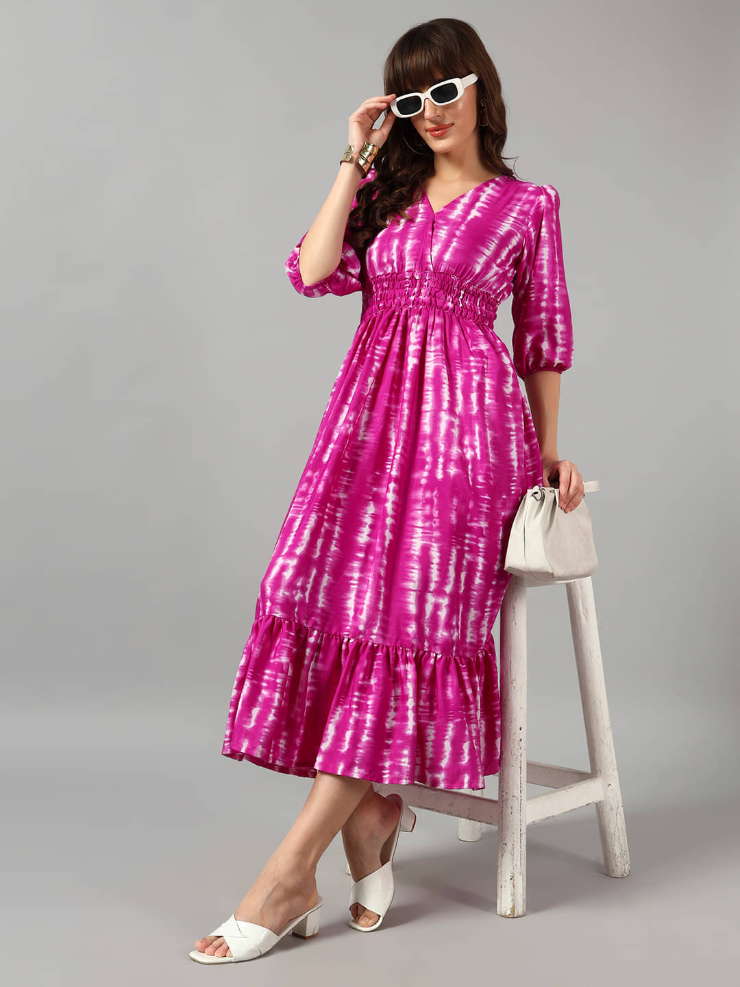     			Krunal Raiyani Women Crepe Printed Fit & Flare Dress ( Lavender )