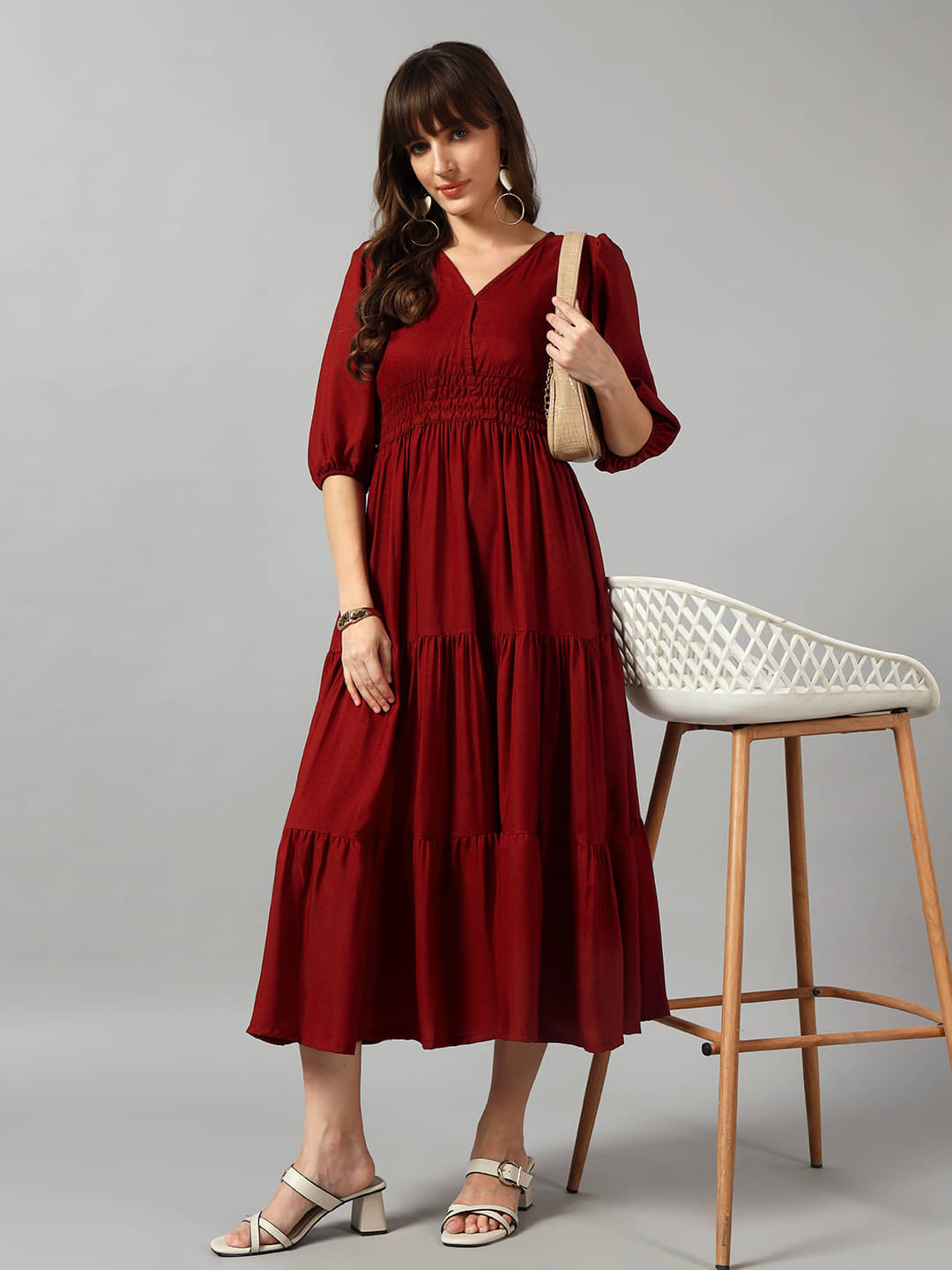     			Krunal Raiyani Women Crepe Solid Fit & Flare Dress ( Maroon )