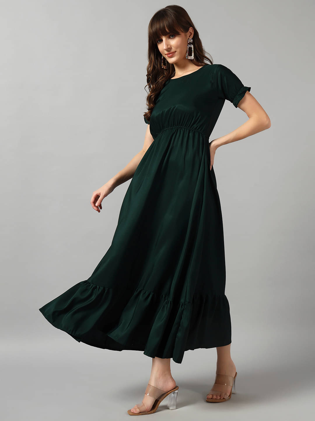 Krunal Raiyani Women Crepe Solid Fit & Flare Dress ( Green ) Krunal Raiyani Women Crepe Solid Fit & Flare Dress ( Green )