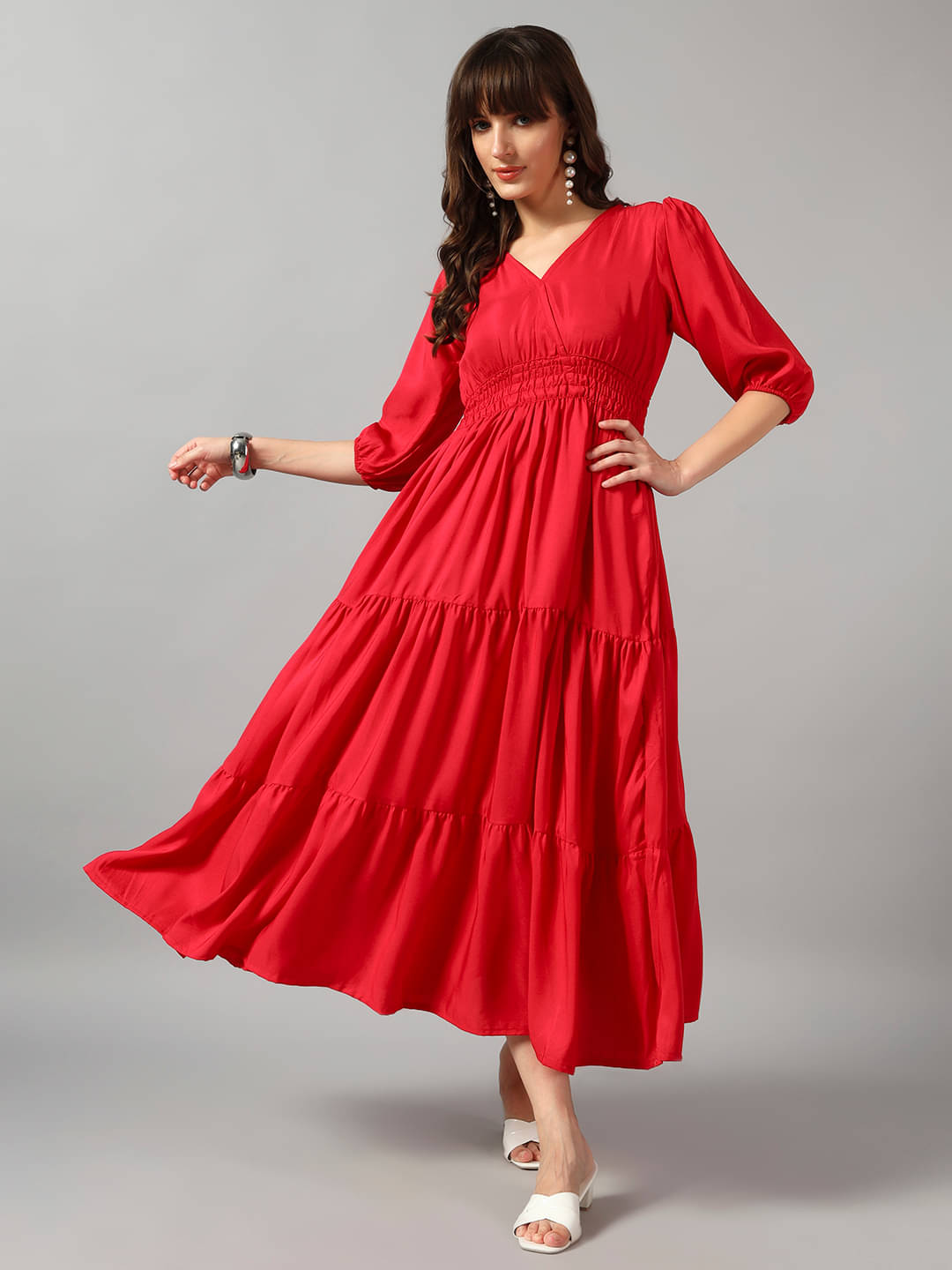 Krunal Raiyani Women Crepe Solid Fit & Flare Dress ( Pink )     			Krunal Raiyani Women Crepe Solid Fit & Flare Dress ( Pink )