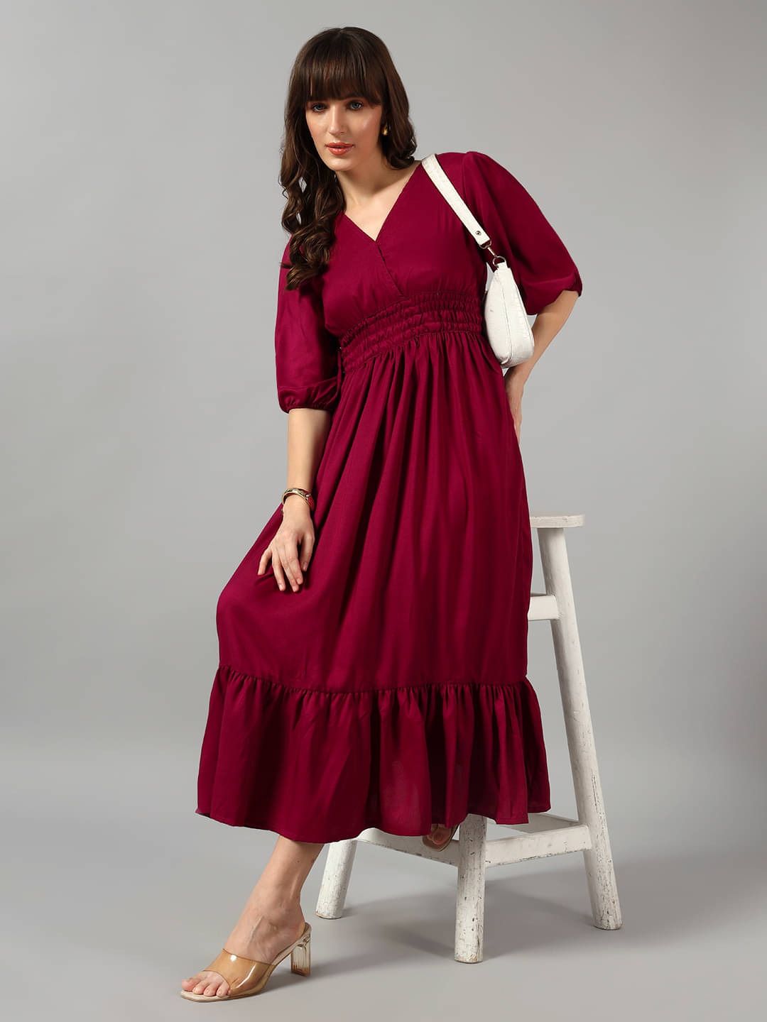     			Krunal Raiyani Women Crepe Solid Fit & Flare Dress ( Wine )