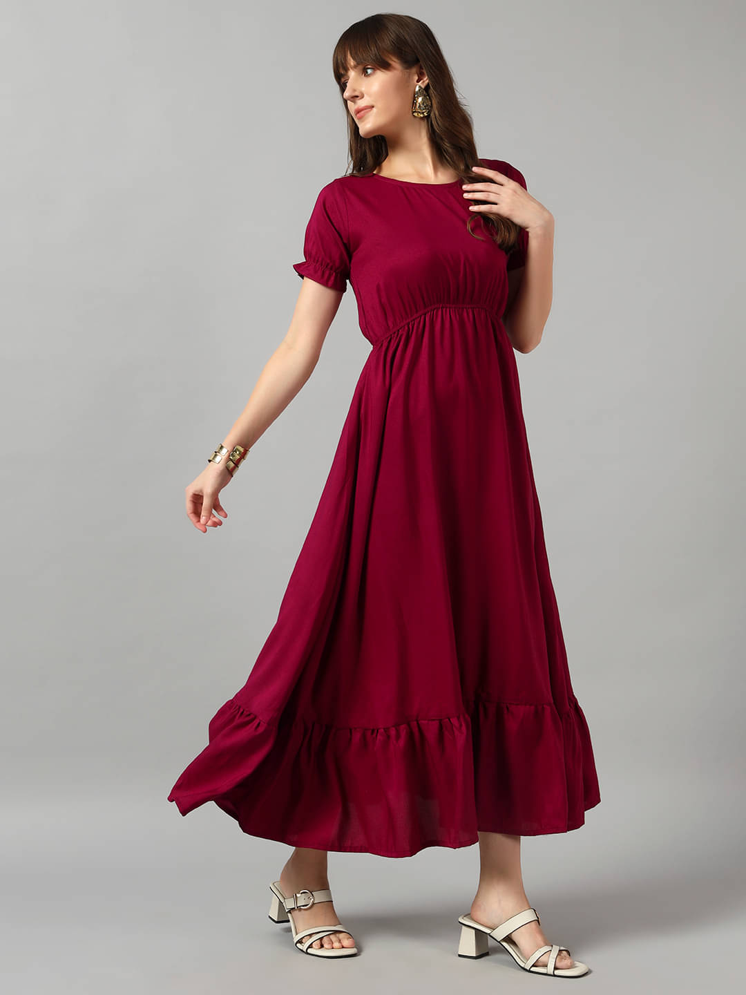     			Krunal Raiyani Women Crepe Solid Fit & Flare Dress ( Wine )