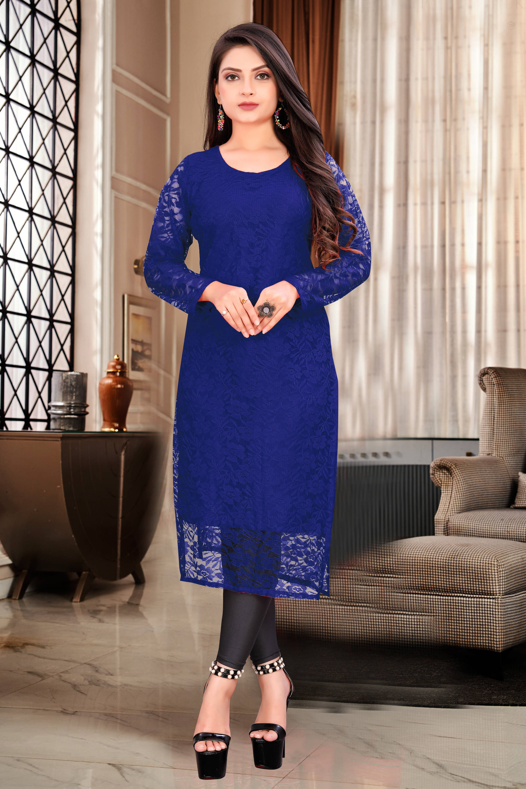 Lakshya Fashion Women Net Printed A-line Kurti ( Dark Blue )     			Lakshya Fashion Women Net Printed A-line Kurti ( Dark Blue )