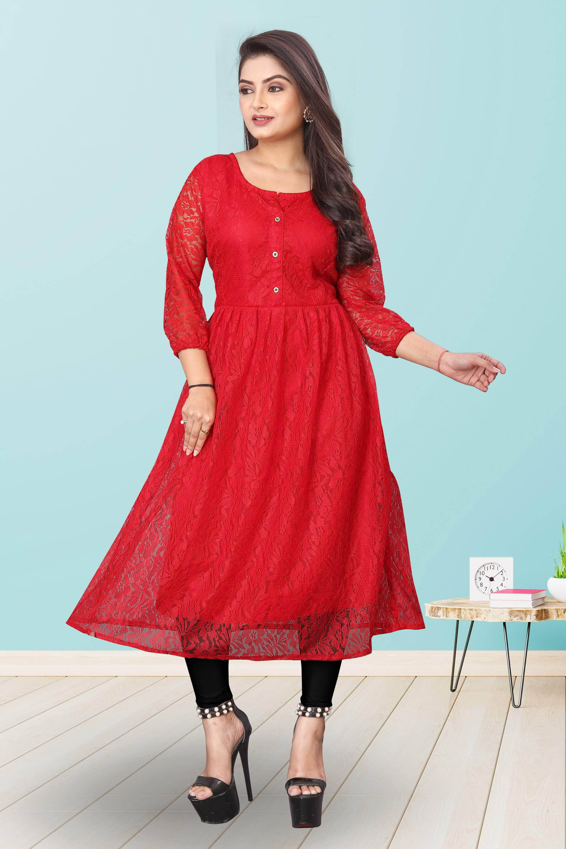 Lakshya Fashion Women Net Printed Anarkali Kurti ( Red )     			Lakshya Fashion Women Net Printed Anarkali Kurti ( Red )